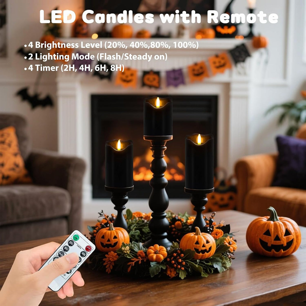 Black Flameless Candles Set of 3, Halloween LED Candles with Remote & Timer | Flickering Real Wax Pillar Candles