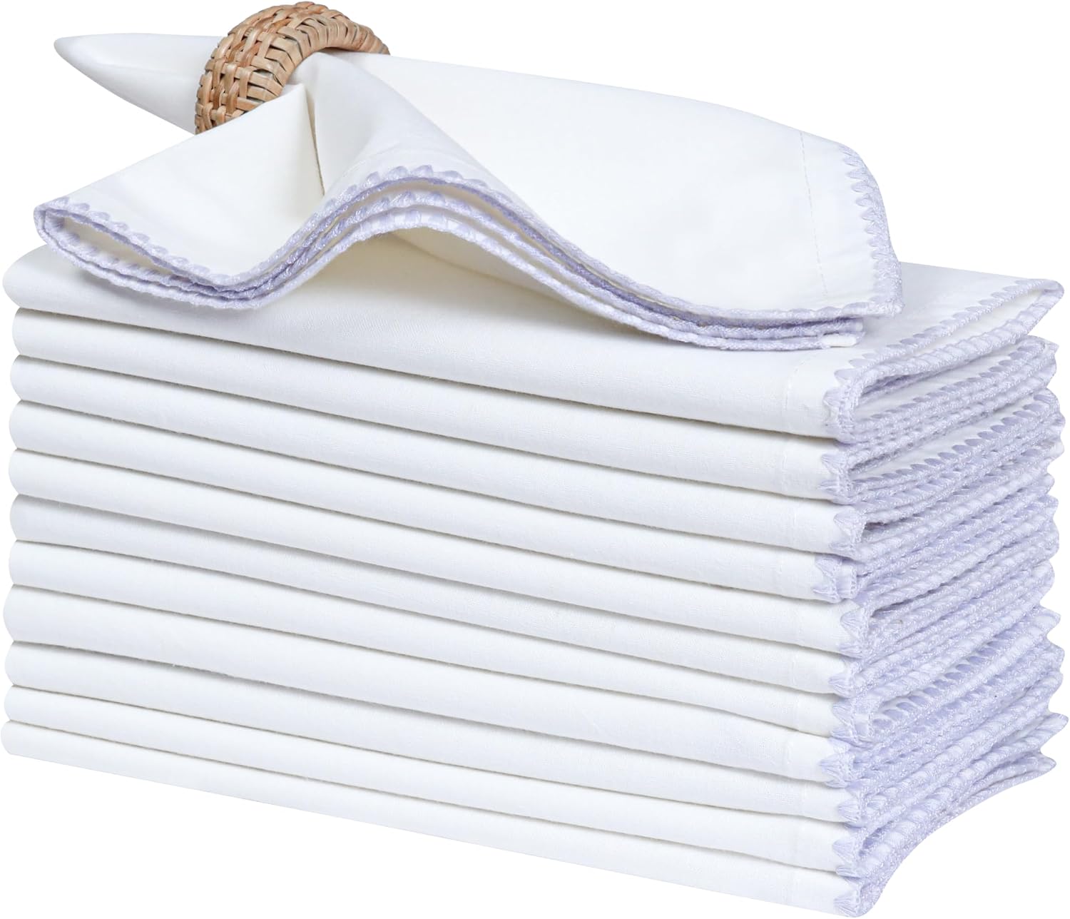 Bedding Craft Cotton Cloth Dinner Napkins Set of 12 – 18x18 Lavender Blue Napkins with Colored Edge Embroidery –