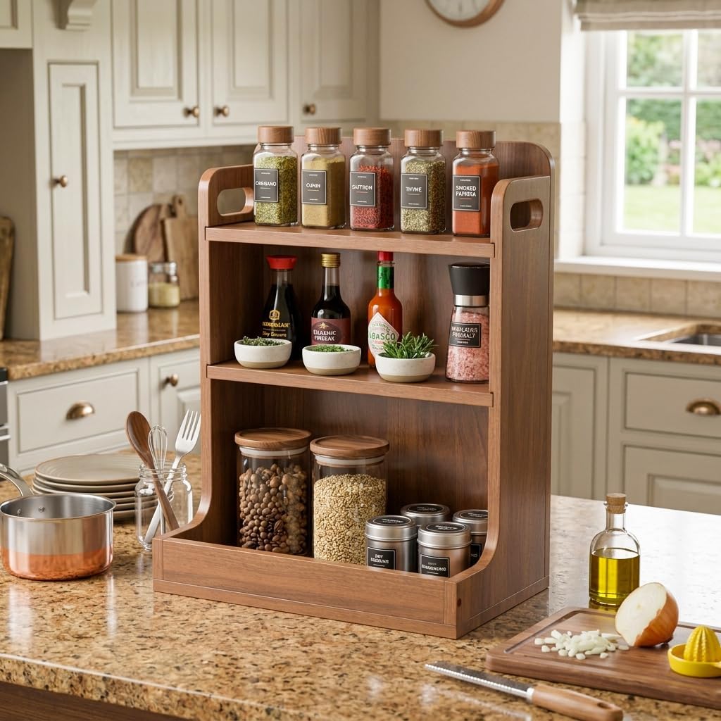Solid Wood 3-Tier Spice Rack Countertop Organizer Kitchen Storage Shelf | Sturdy wood desktop shelf for spices, coffee