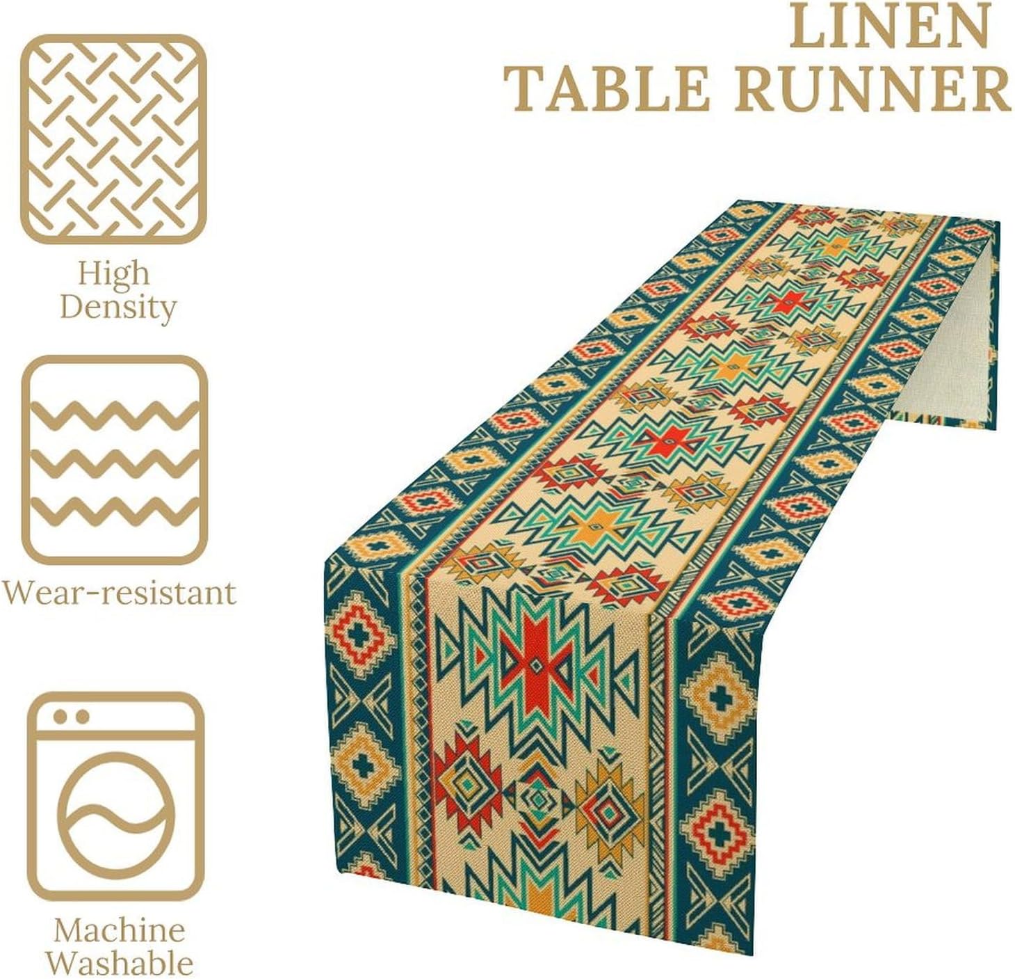 Aztec Southwest Table Runner,Ethnic Style Design Boho Geometric Pattern Printed Linen Table Runner for Home Kitchen