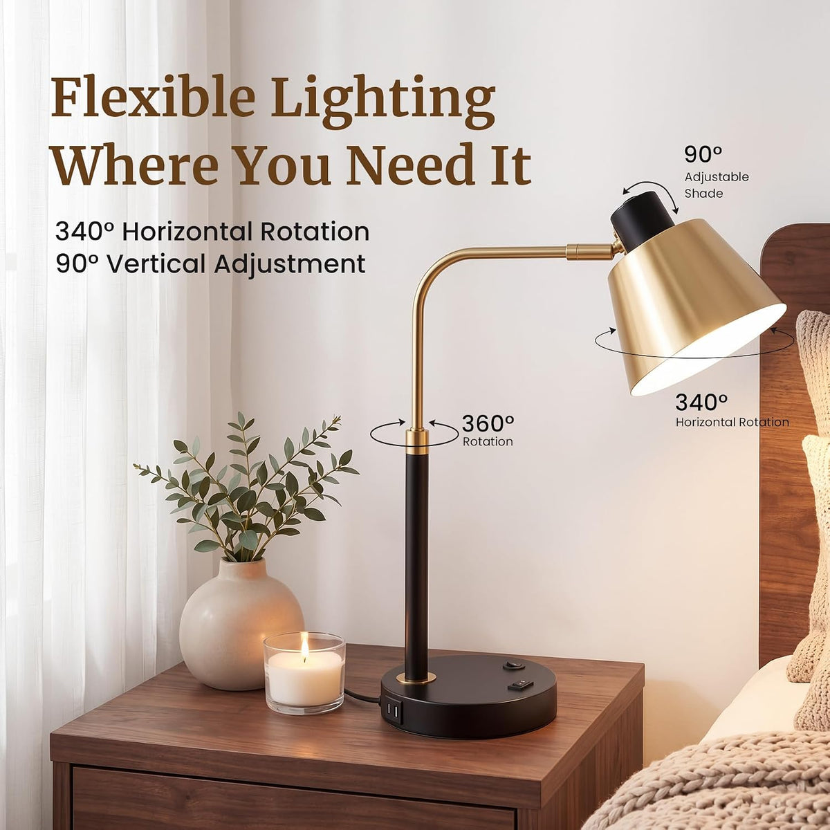 Desk Lamp with USB-C, USB-A and AC Outlet, Adjustable E26 Table Lamp for Home Office and Bedside Reading, Matte Black