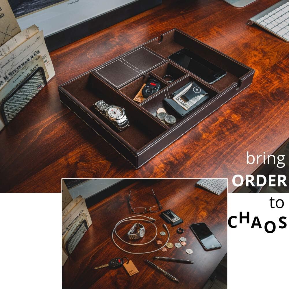 ULTRAY Nightstand Organizer, Valet Tray for Men and Women, EDC Tray, Dresser Top Catchall, Dark Brown Faux Leather, 6