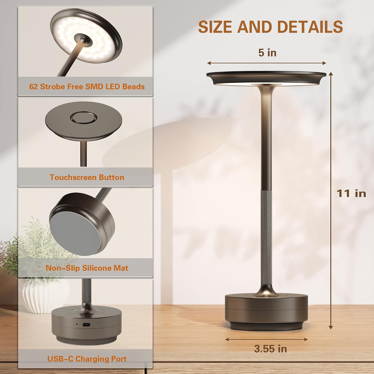 Cordless Table Lamp Set of 2,USB-C Battery-Operated Table Lights | Rechargeable Built-in 5000mAh Outdoor Waterproof