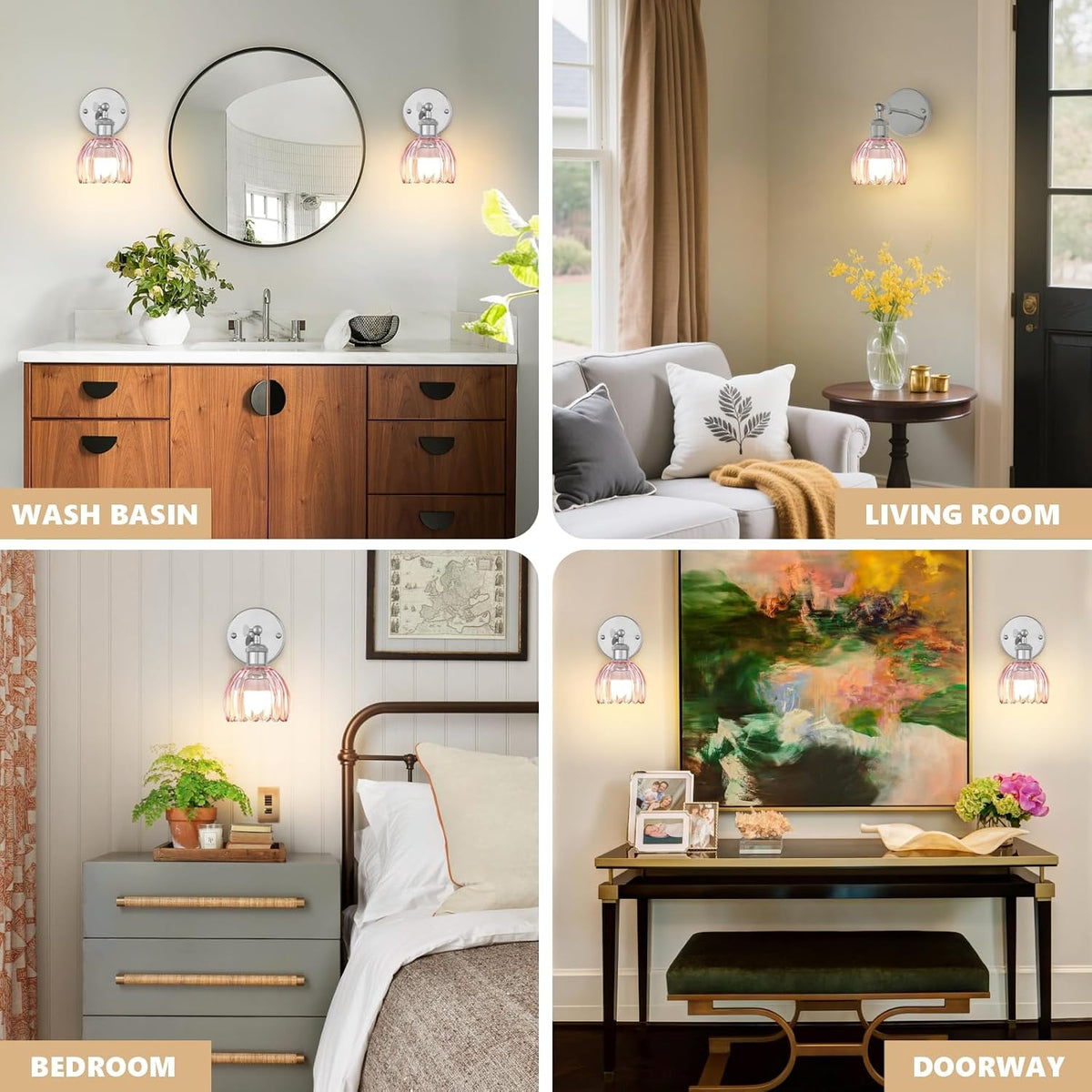 Vintage Battery Operated Wall Sconce, Pink Tulip Glass Lampshade Wireless Rechargeable Battery Powered LED Wall Light