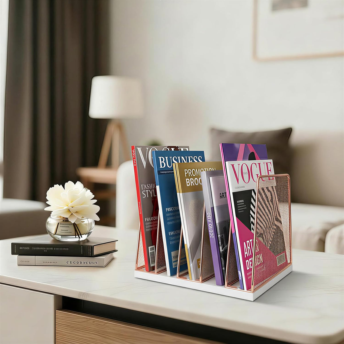 LEKETREE Rose Gold Desk File Organizer, 5-Section Upright File Sorter, Vertical File Folder Holder, Mesh Metal Wood
