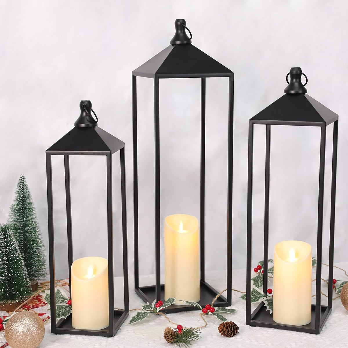 22'' 19'' 17'' Lanterns Decorative Outdoor Indoor, Set of 3 Floor Lanterns | Outdoor Lanterns with Candles, Glass-free
