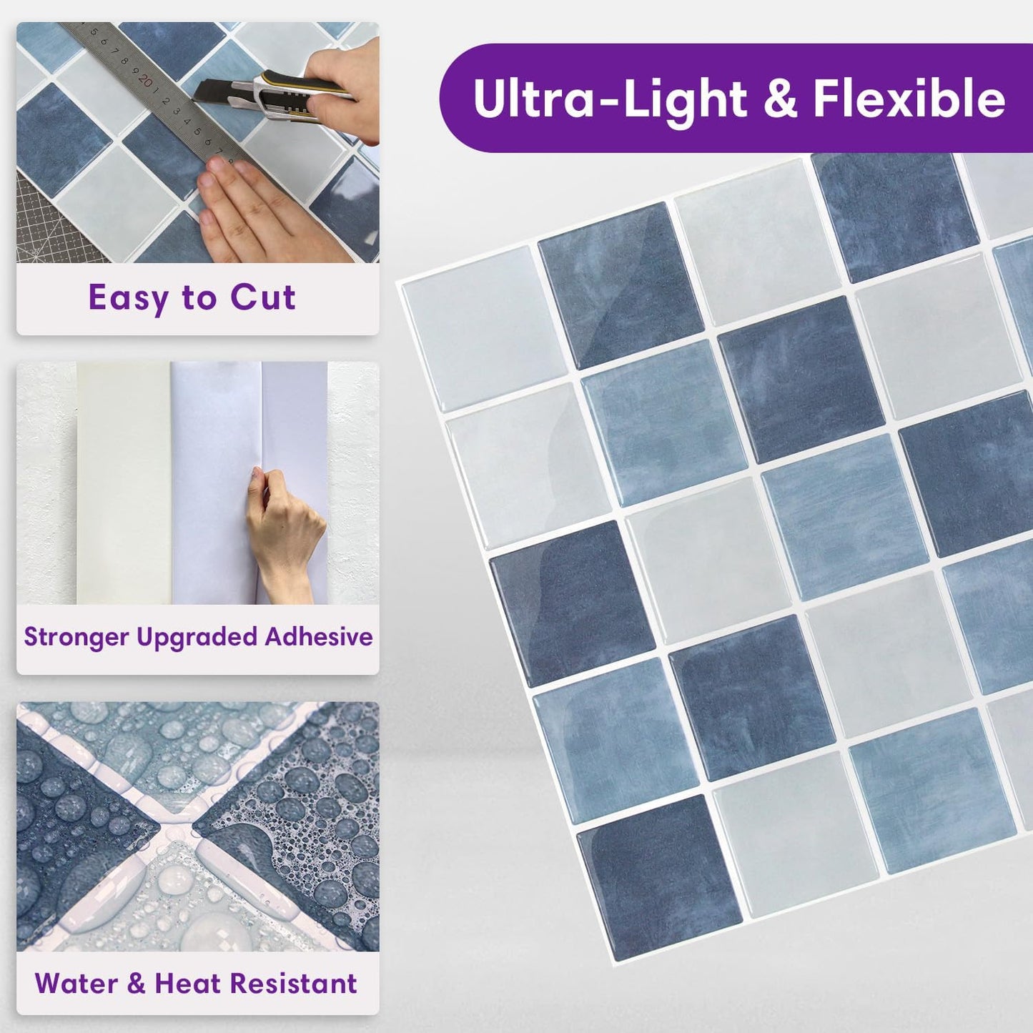 Thicker Marble Peel and Stick Backsplash Tiles / ST-SM-W / Blue / 12 x 12 / Set of 10