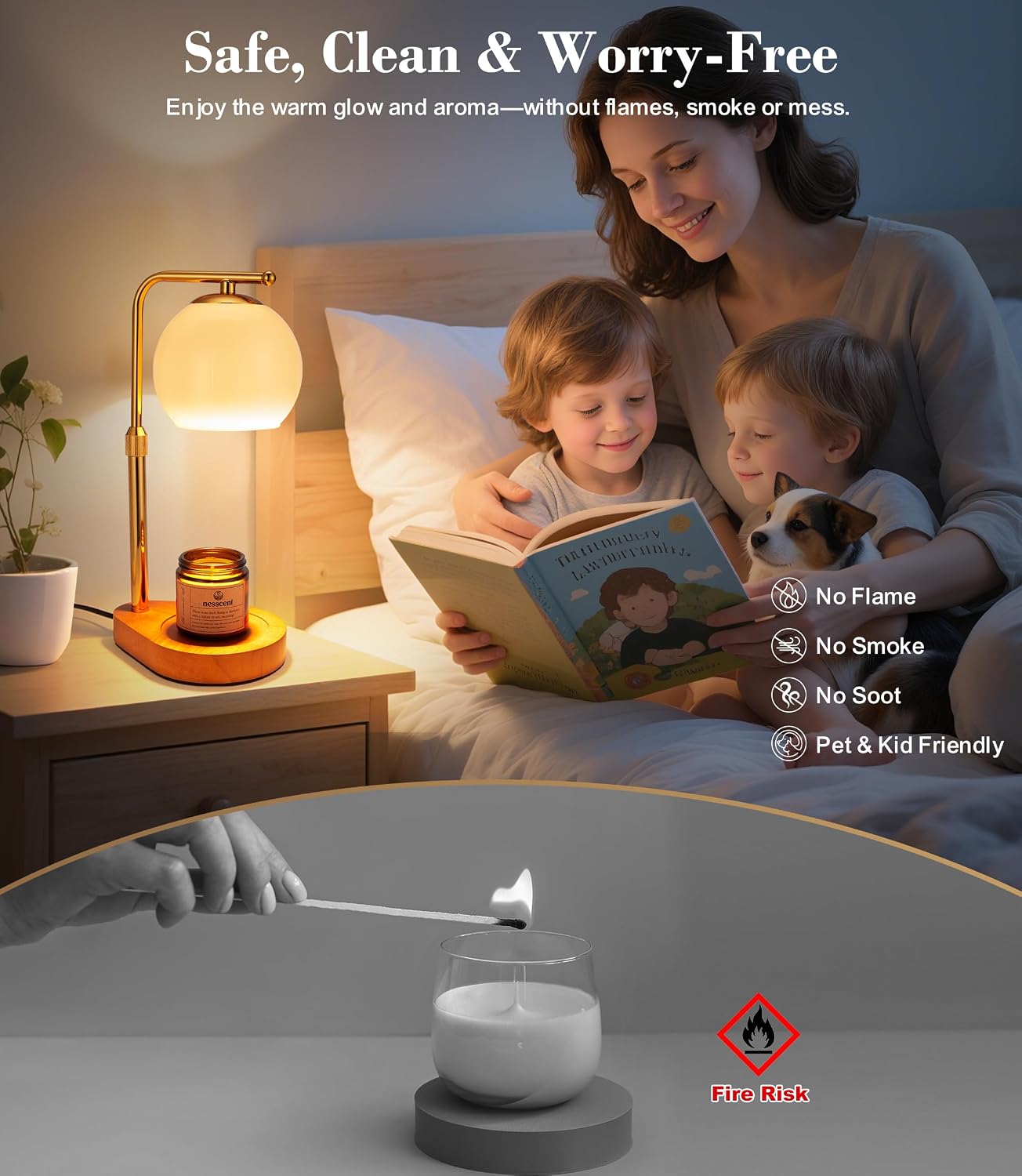 Ivory Glass Candle Warmer Lamp Adjustable Height with Timer 2 4 8H | Warm Gold Hardware | Dark Walnut Base | Dimmer Wax