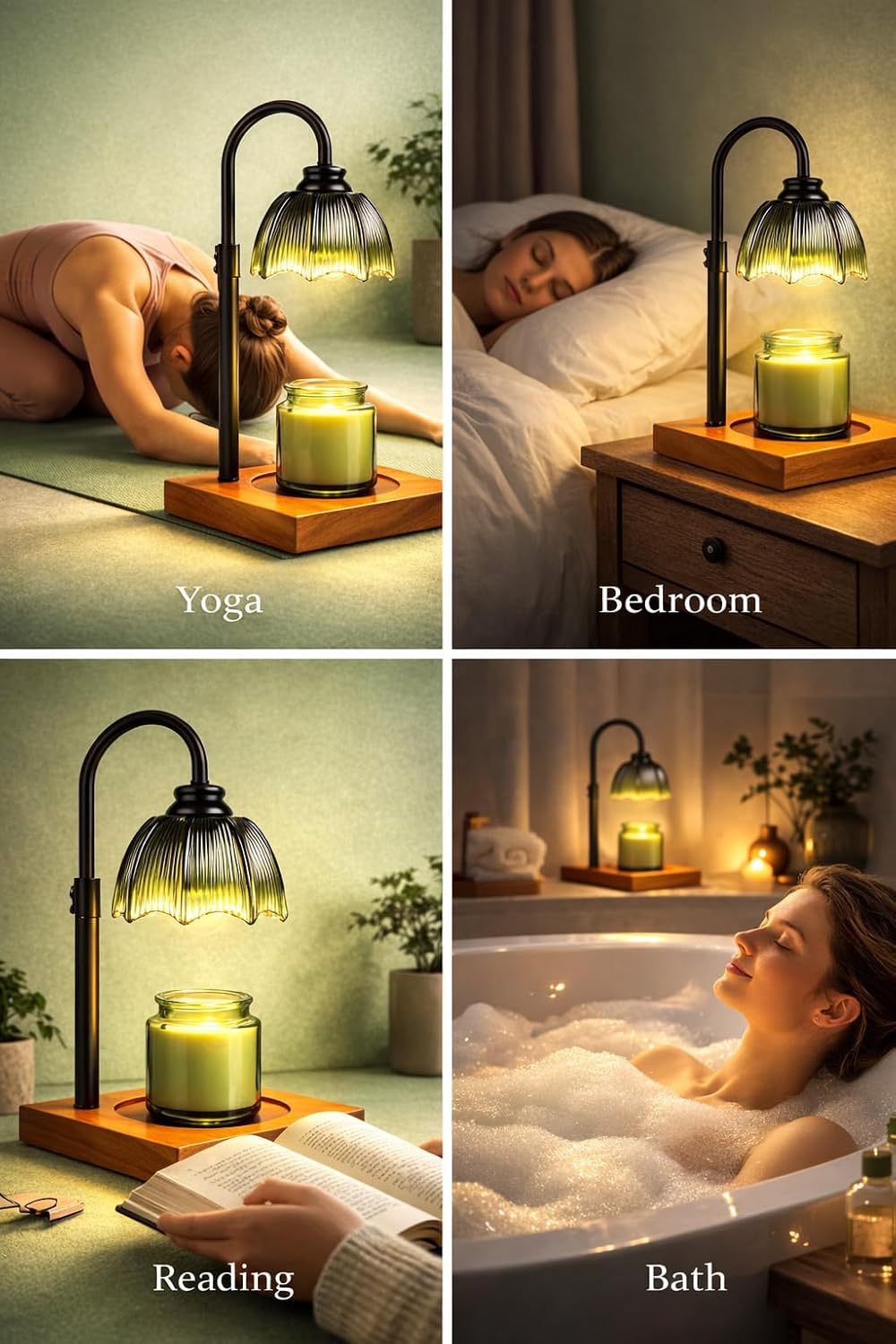 Candle Warmer Lamp for Jar Candles with Timer, Dimmer & 2 Bulbs | Petal Glass Shade, Rubber Wood Base, Adjustable