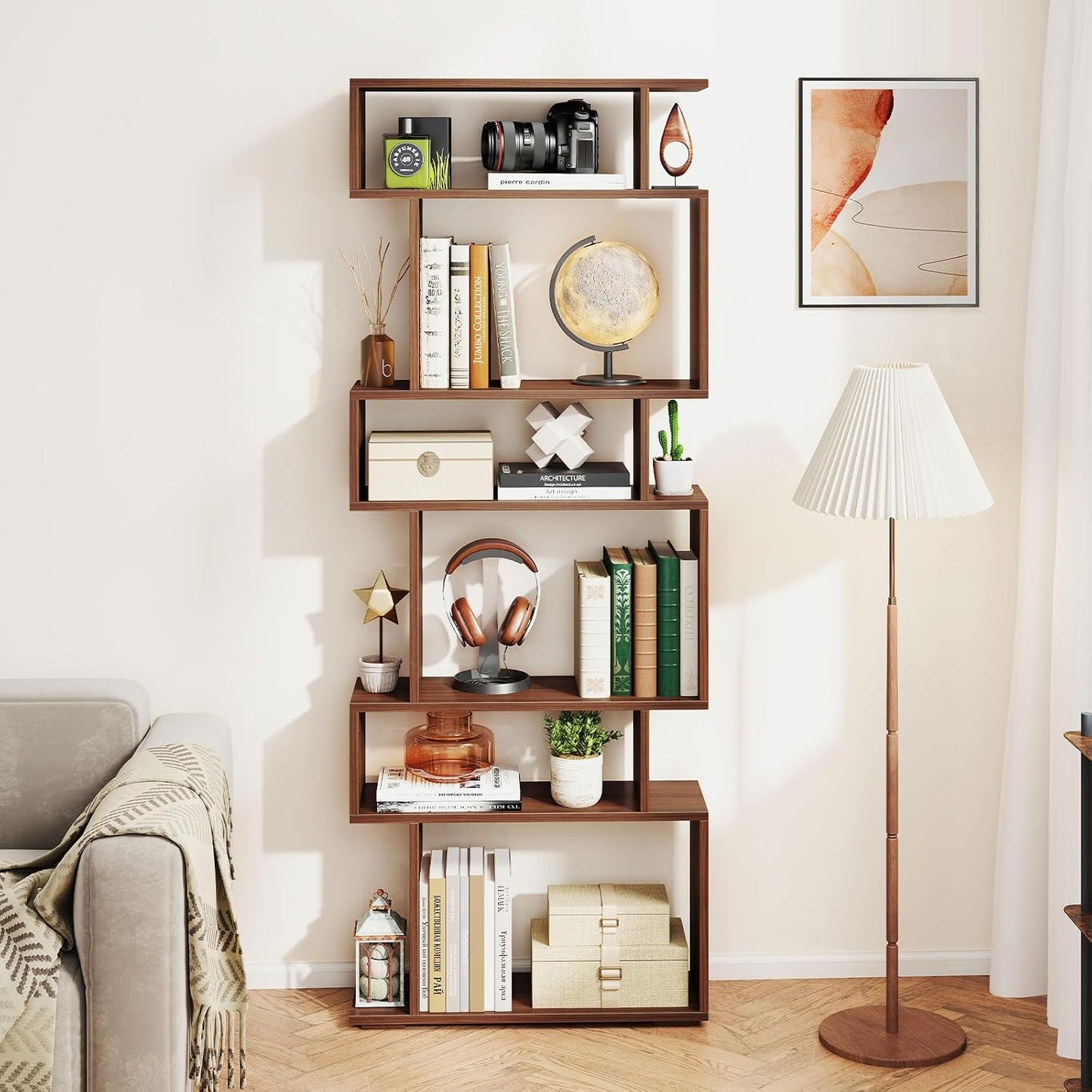 Giantex 6-Tier Geometric Bookshelf, S-Shaped Bookcase with 2 Anti-Tipping Kits, Wooden Display Shelf, Decorative