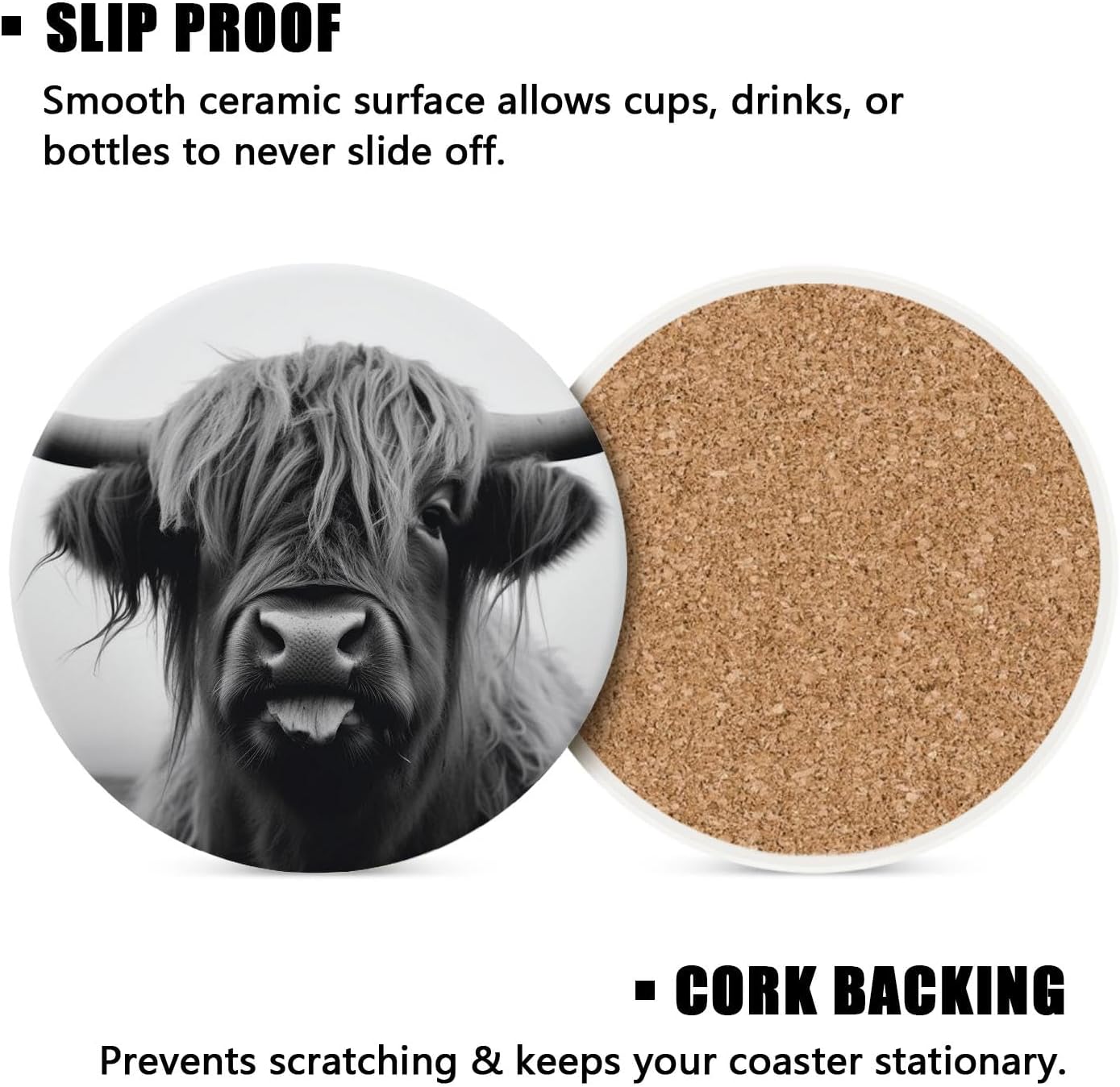 Holder / Ceramic Drink Coasters / 4 Inch / Elegant Cow / Black