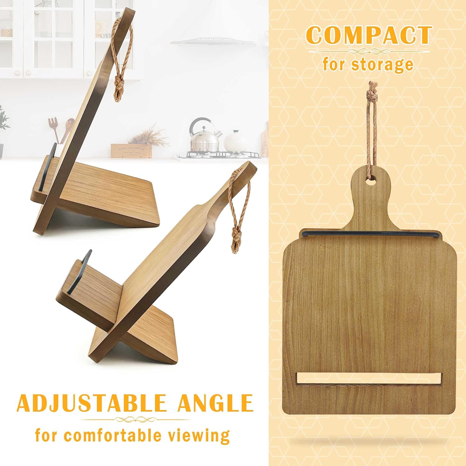 Brown Wood Cookbook Stand Holder: Adjustable Rest for Kitchen Counter | Counter top Cooking, Holds Thick Books, Fits