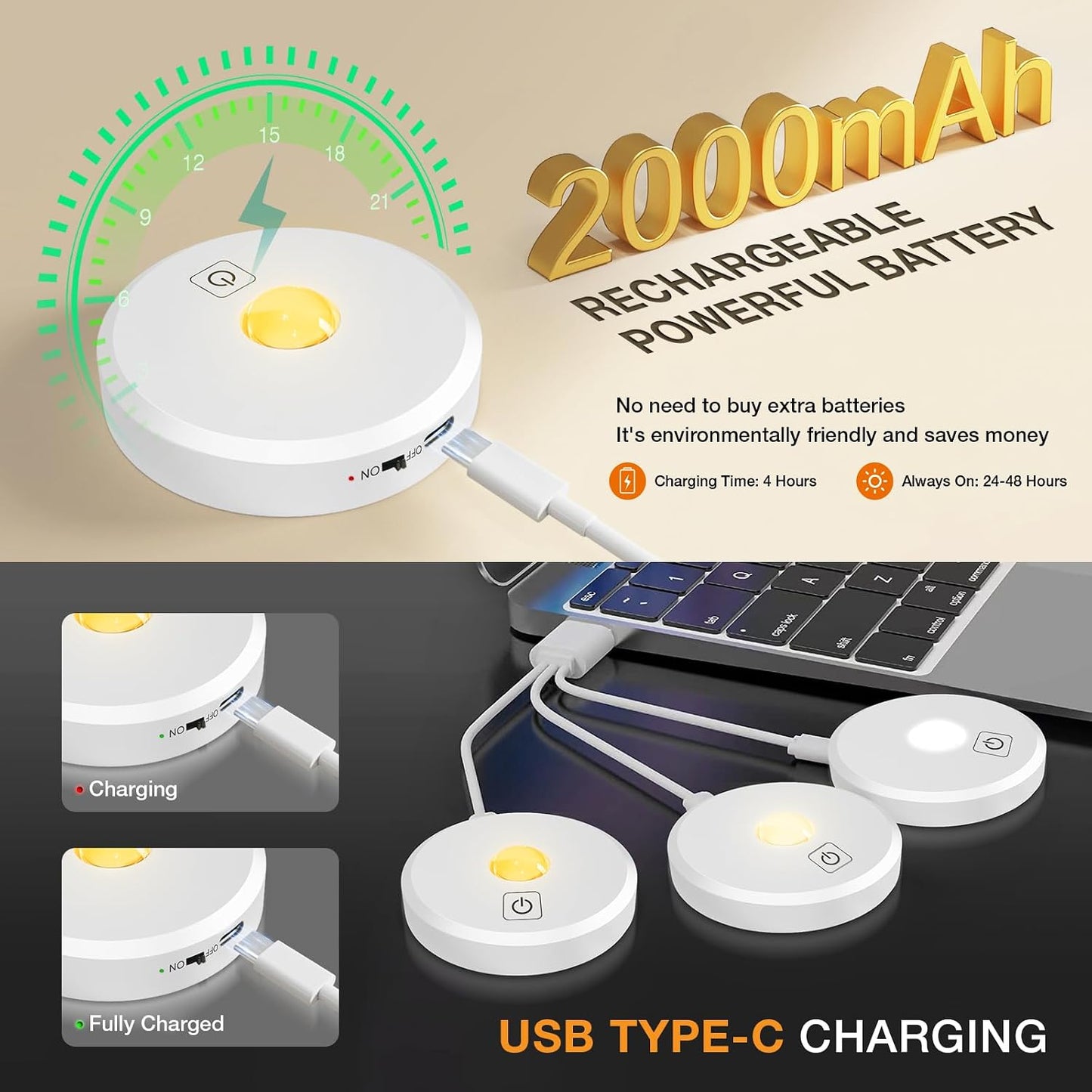 Puck Lights with Remote Control Rechargeable,Wireless Under Cabinet Lighting,2000mAh Battery Operated Tap Push Touch