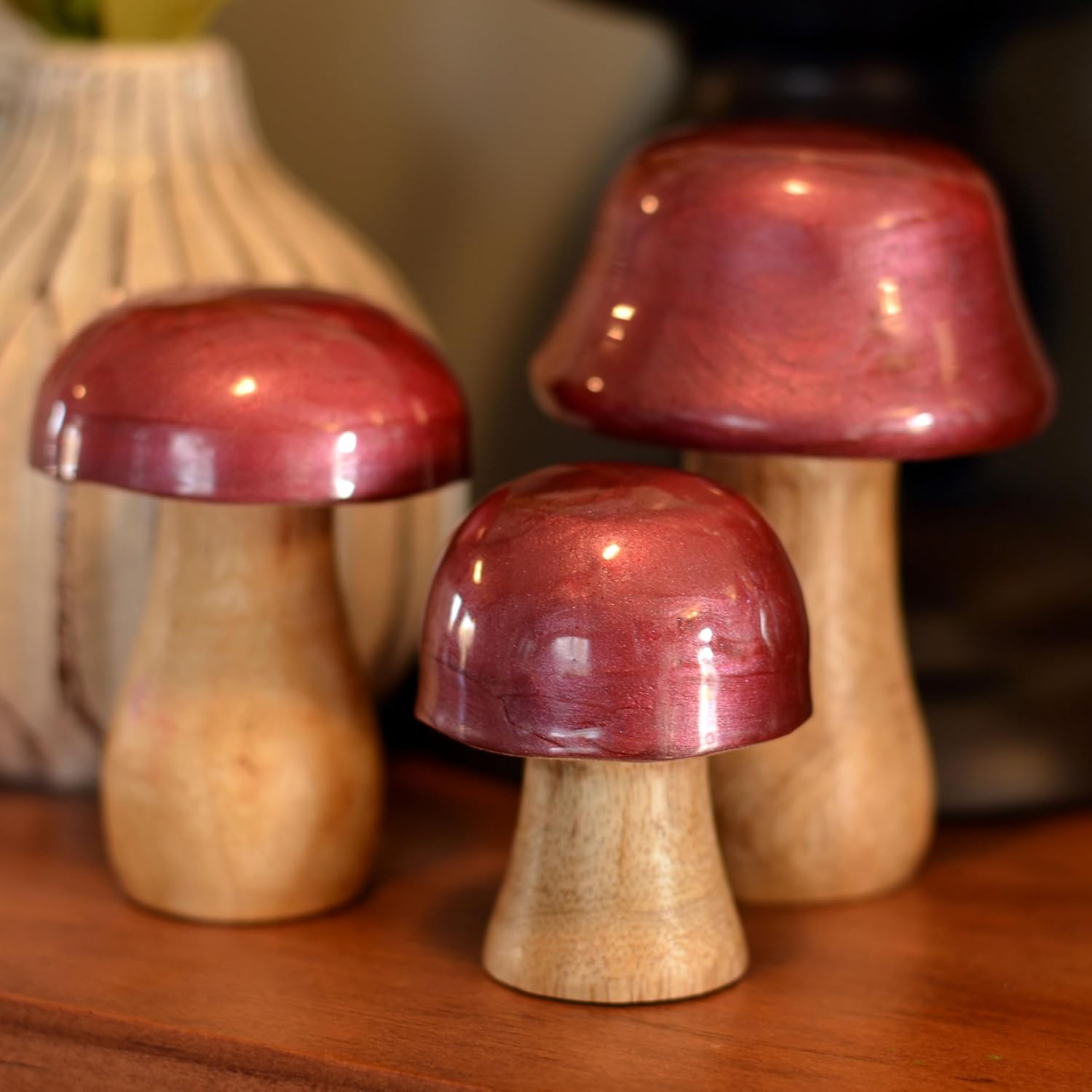 Decorative Figurines / Red Top Mushrooms / Red Metallic Effect, 4.25, 3.5 and 2.75 Inches / Set of 3
