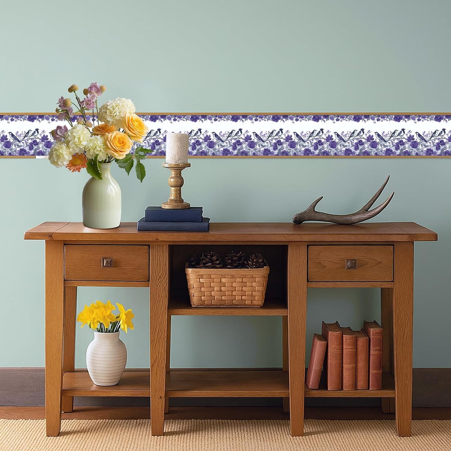 Wallpaper Border Peel and Stick Wall Border Self Adhesive Romantic / Purple Floral Bird / 196 x 4