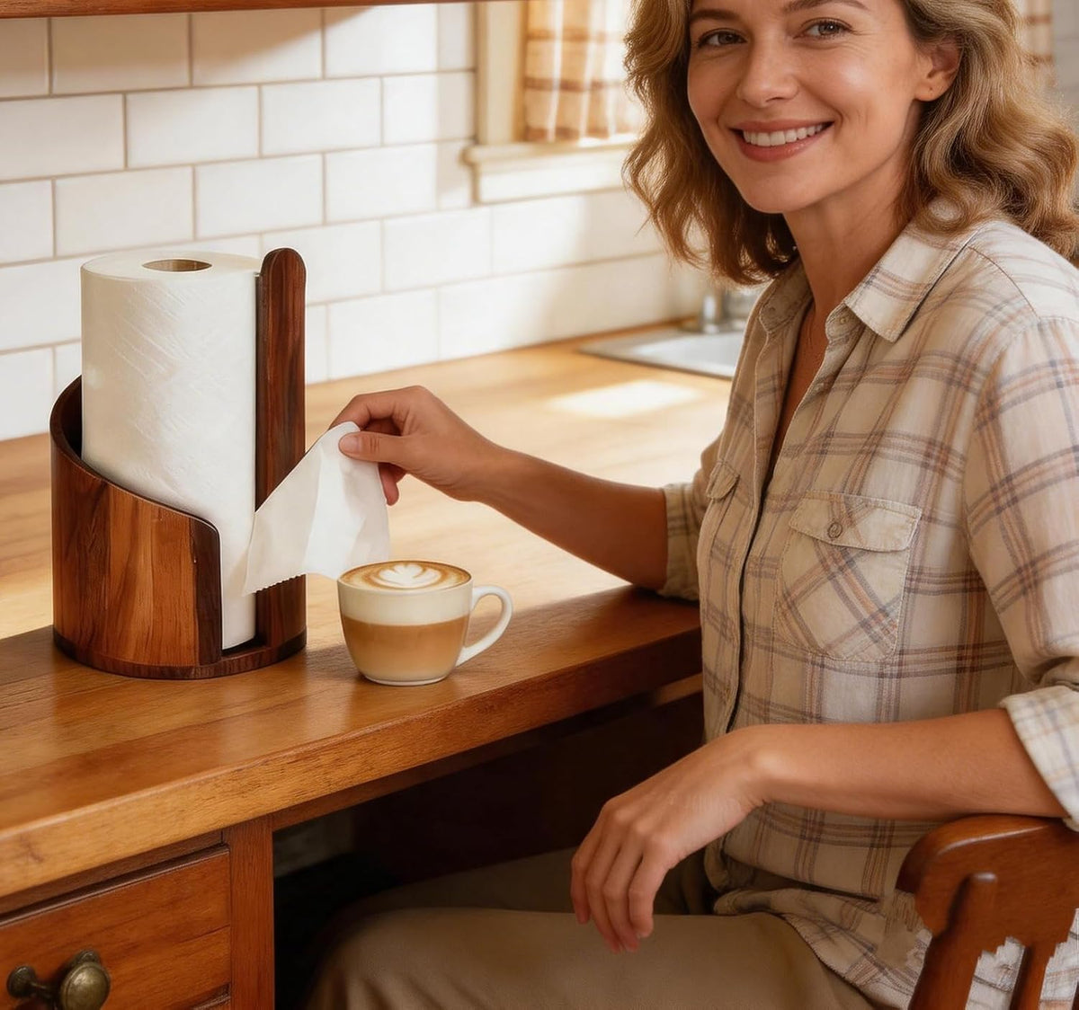Large Size Countertop Paper Towel Holder with Mango Wood Round Base and Iron Stand, Kitchen Roll Organizer for Kitchen