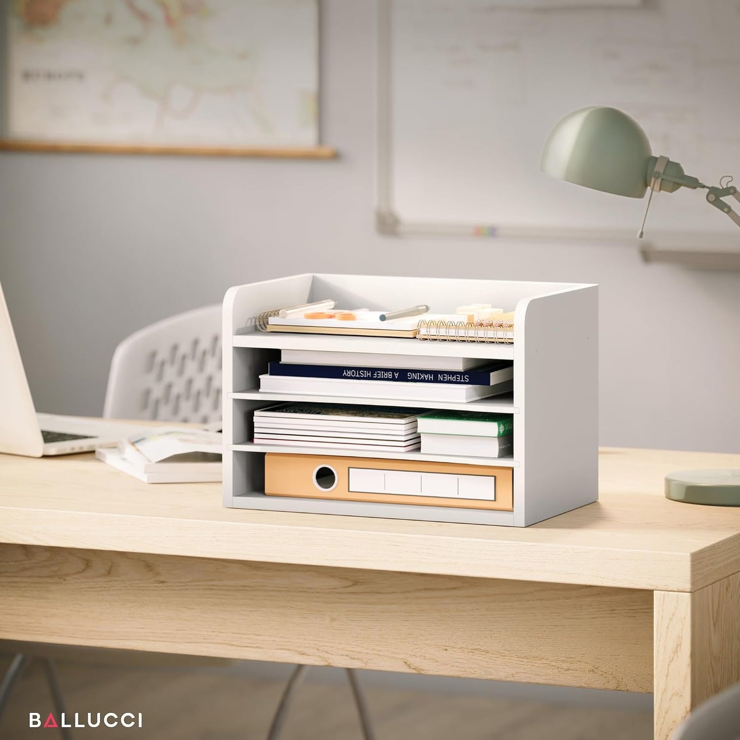 Ballucci File Organizer, 4-Tier Office Desk Organizer, Open Top Wood Paper Organizer for Classroom, Mail Sorter Paper