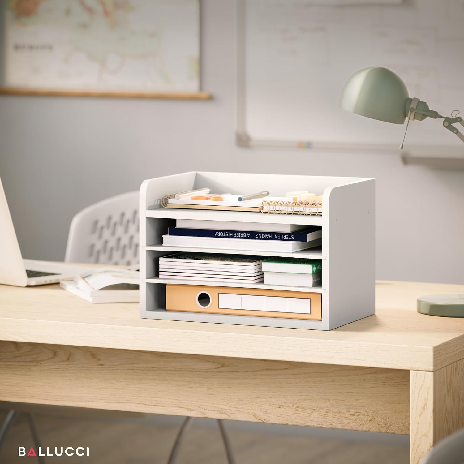 Ballucci File Organizer, 4-Tier Office Desk Organizer, Open Top Wood Paper Organizer for Classroom, Mail Sorter Paper