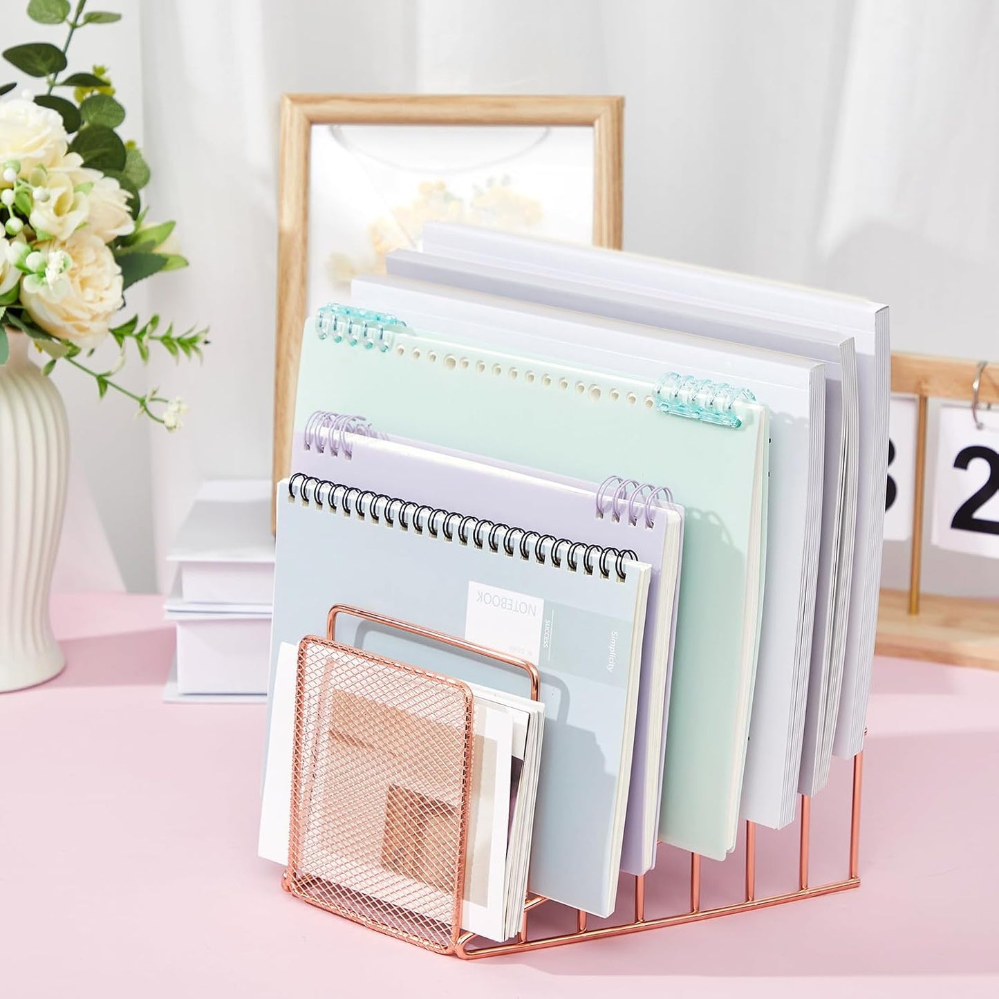 2 Pcs 7 Section Wire File Organizer for Desk, Metal Mesh Incline File Holder, Letter & Magazine Folder Rack, Desktop