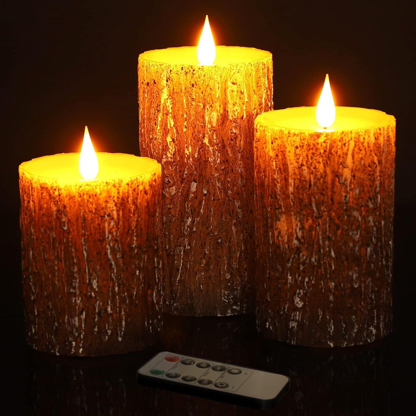 AKU TONPA Pine Bark Effect Flameless Candles Battery Operated Pillar Real Wax Flickering Electric LED Candle Sets with