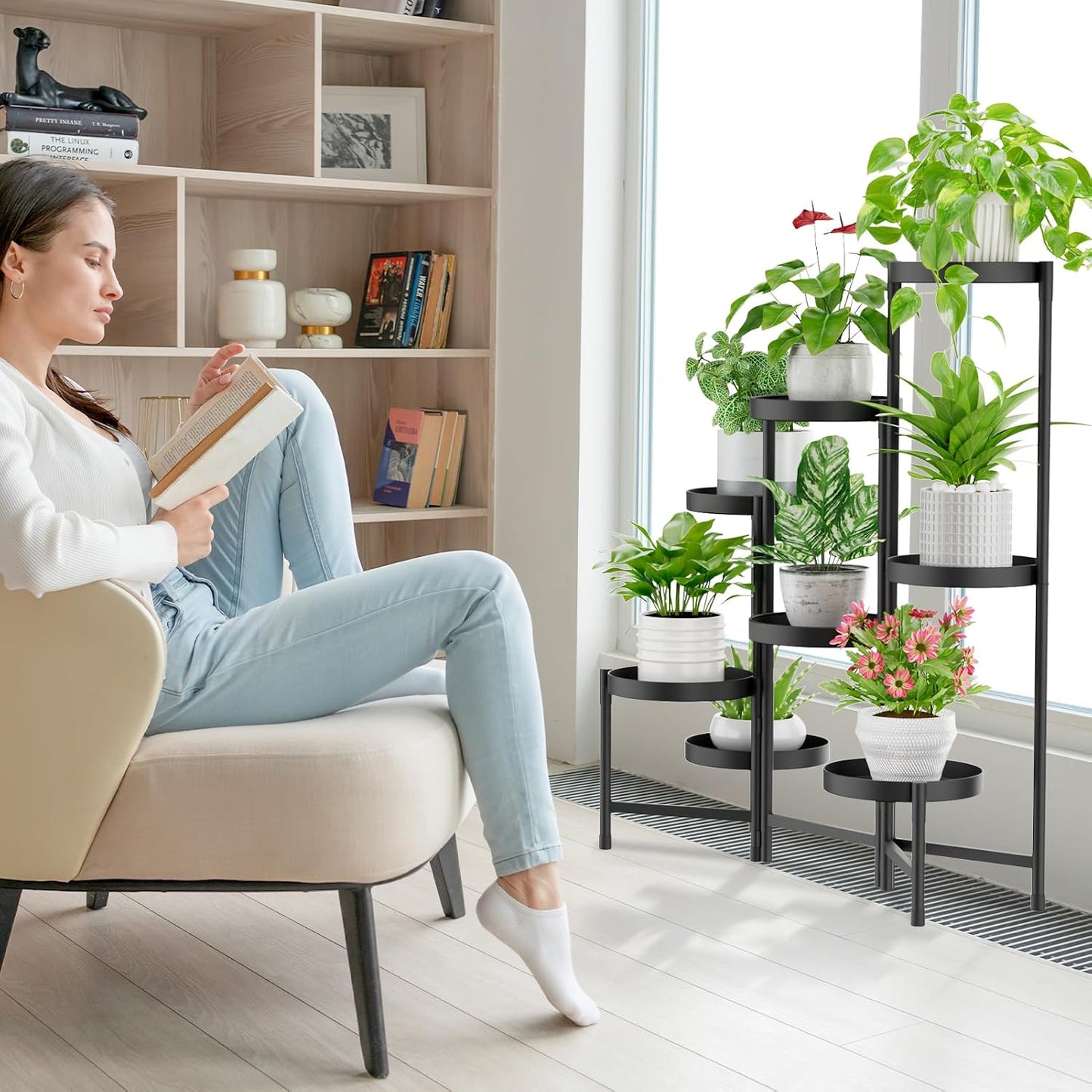 iDavosic.ly Plant Stand Indoor Outdoor, 8 Tier Metal Corner Shelf, Black | Tiered Flower Display Holder, Folding Multi