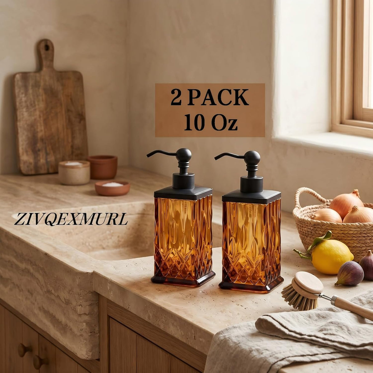 2 Pack 10Oz Amber Soap Dispenser, Square Thick Glass | Featured texture pattern, for lotion,hand soap or body wash for