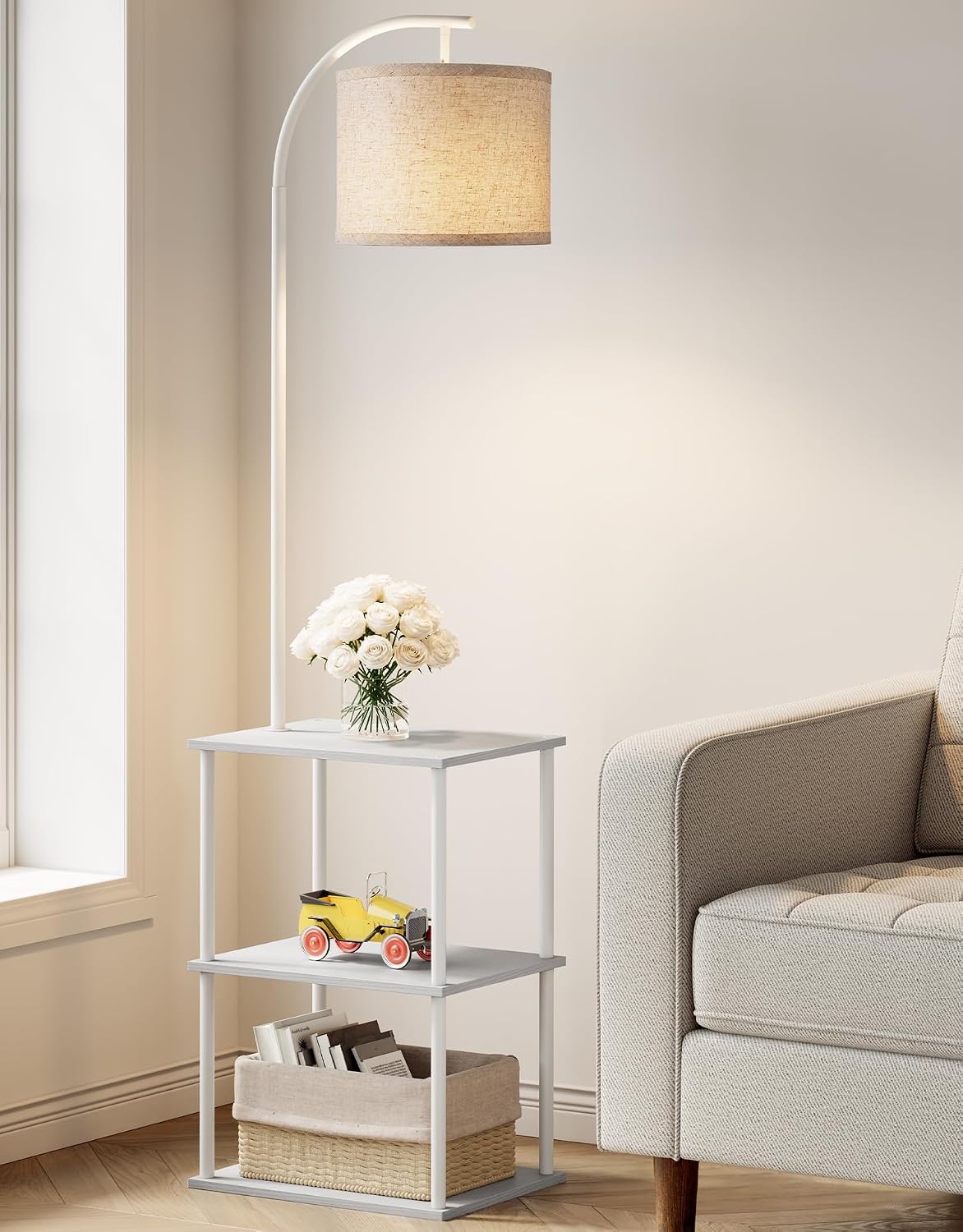 PARTPHONER Floor Lamp with Table, Night Stand with Lamp, Narrow Side Table with 3CCT LED Bulb, Small Coffee Table