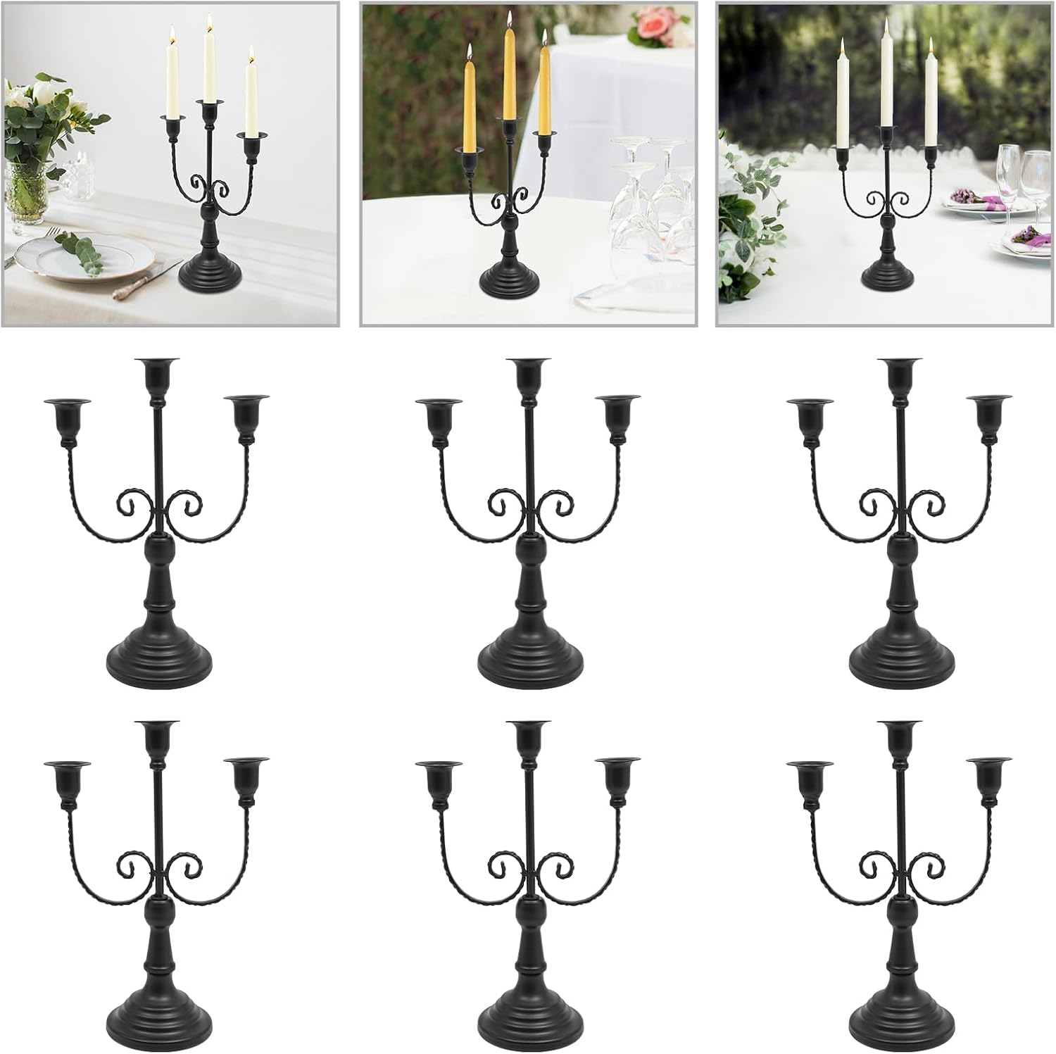 3 Arm Metal Candelabra Candle Holders Set of 6, Elegant Retro Taper Candle Stand for Wedding, Party, Dining Table