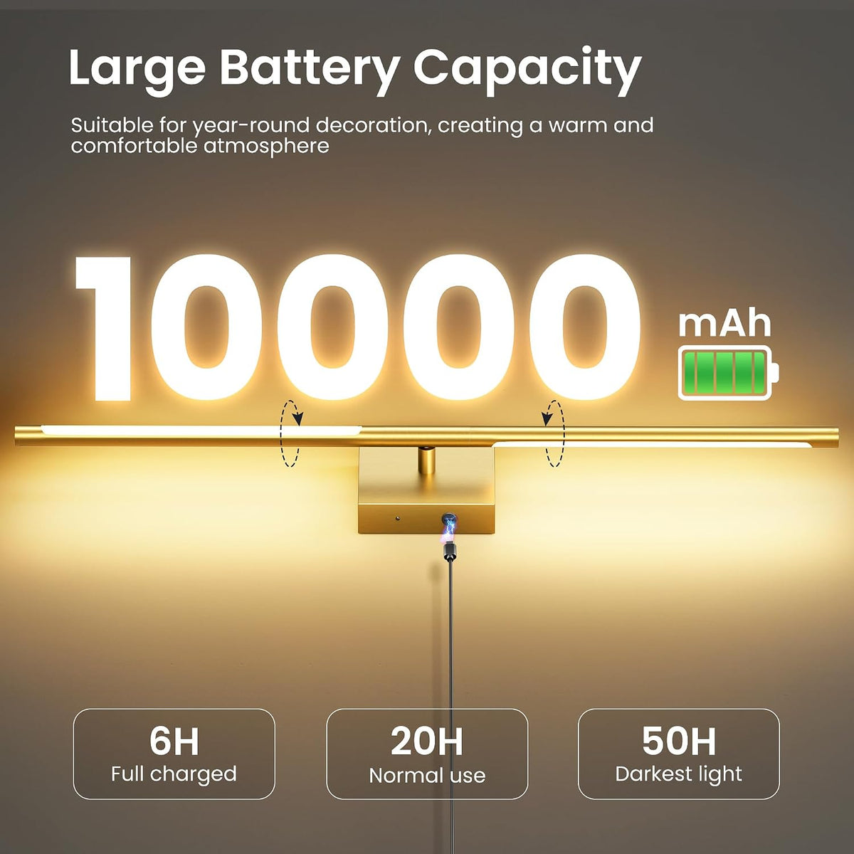 10000mAh Rechargeable Wall Lights, Gold, 29 Inch, 3CCT, 2 Pack | Battery Operated Wall Sconces Set of 2, Remote