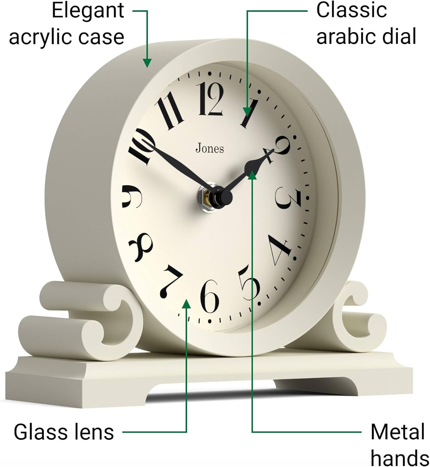 JONES CLOCKS® Saloon Mantel Clock | Small Traditional Double Scroll Design | Pale Cream | Contemporary Classic Style