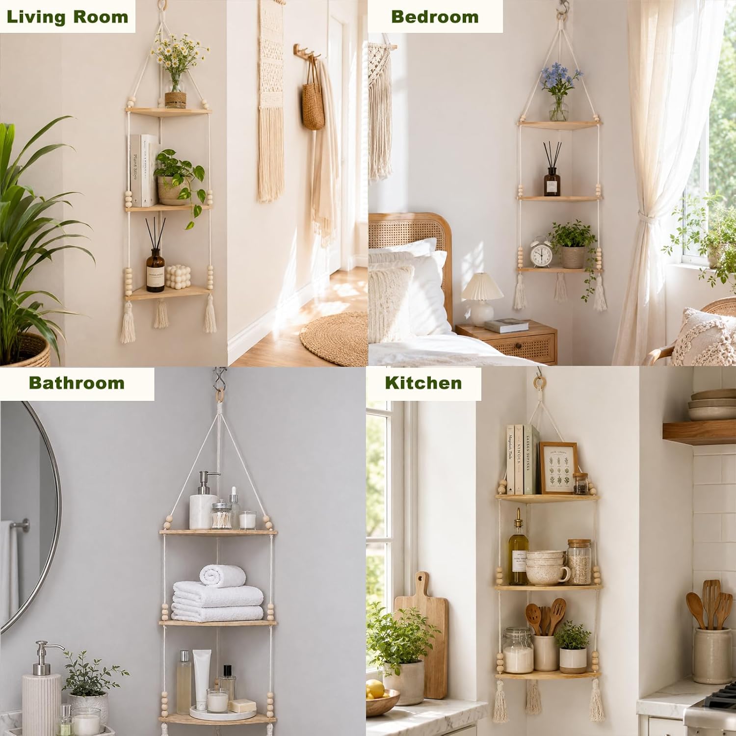 Adjustable Boho Wood Plant Shelves Display / Beige 3-tier