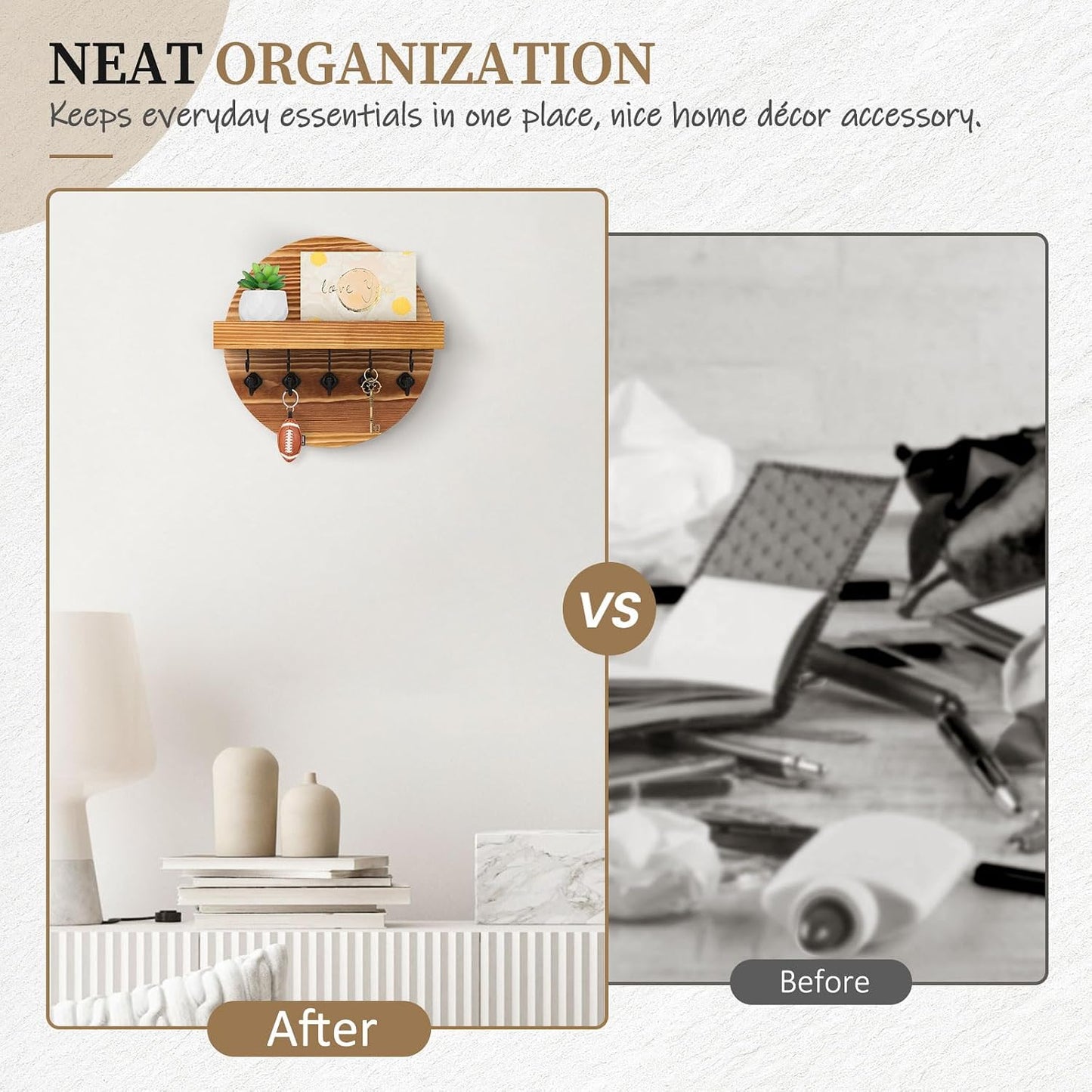 Round Wooden Rustic Wall Organizer for Entryway / Light Brown / 9.8 Inch