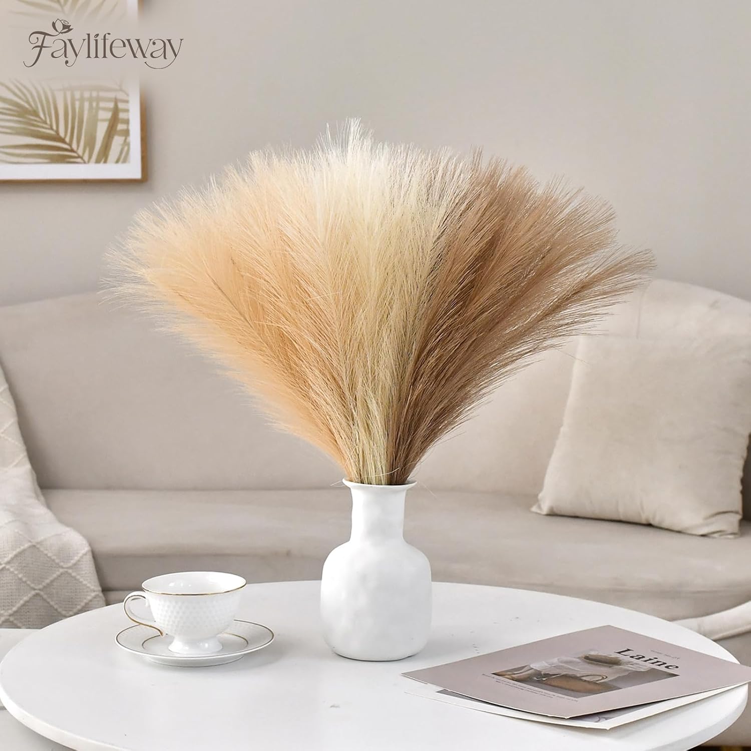 Artificial Pampas Fake Flowers Fluffy Vase Filler / Sand Beige Light Brown / 17 Inch / Set of 50