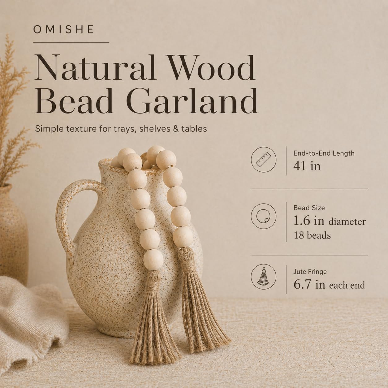 Extra Large Wood Bead Garland / 1 Nature Beige / 41 Inches