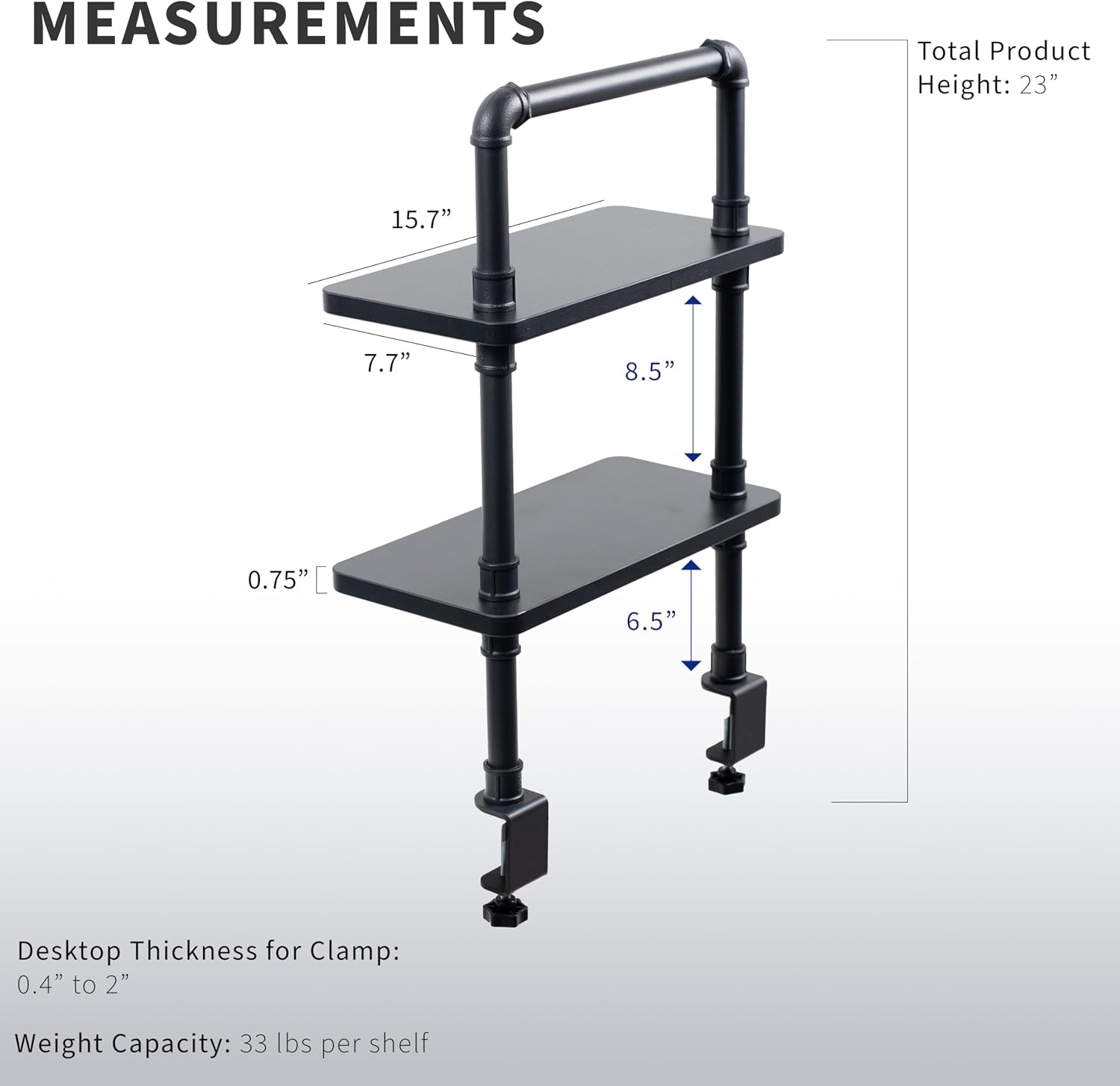 VIVO Clamp-on Premium 16 inch Industrial Pipe 2-Tier Tabletop Shelving, Heavy Duty Desk Extension Organizer, Modern