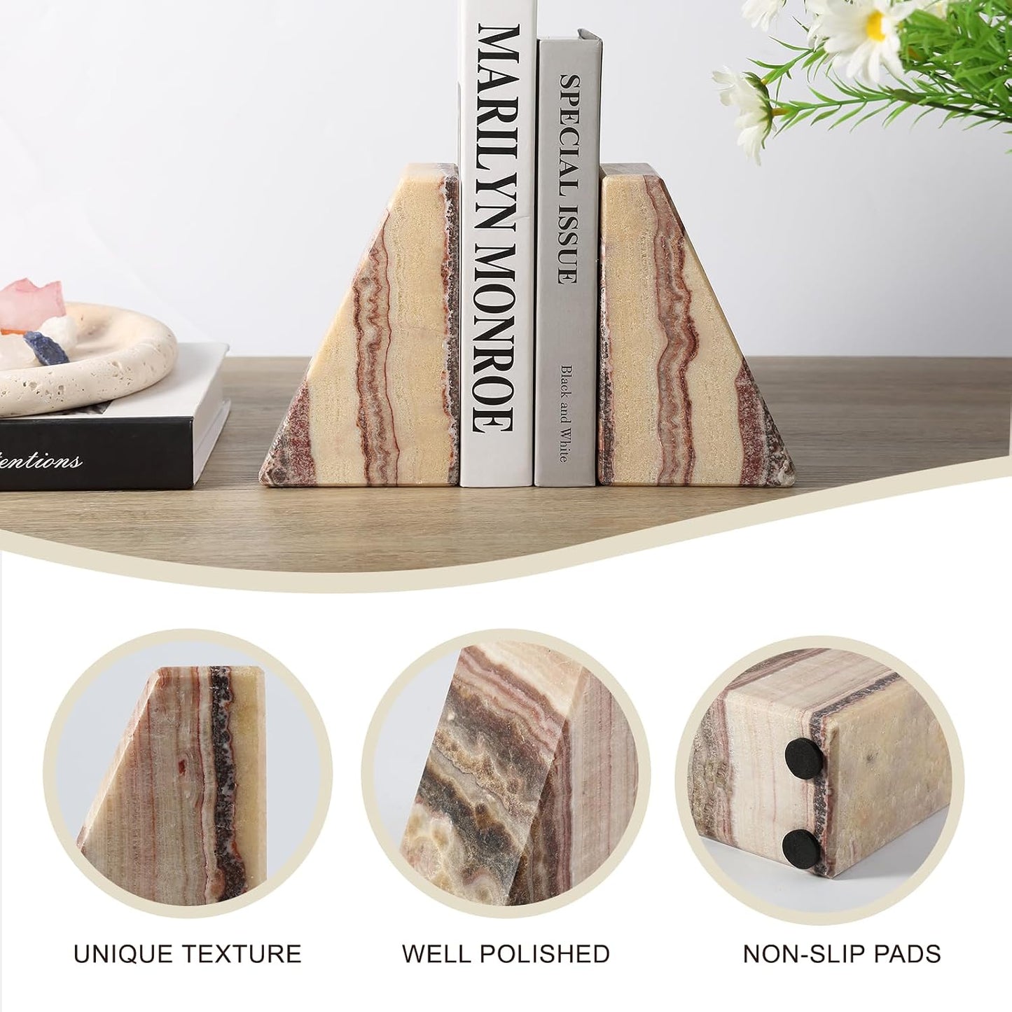 Bookends / Non-Slip Heavy Duty Book Stopper / Onyx / Natural