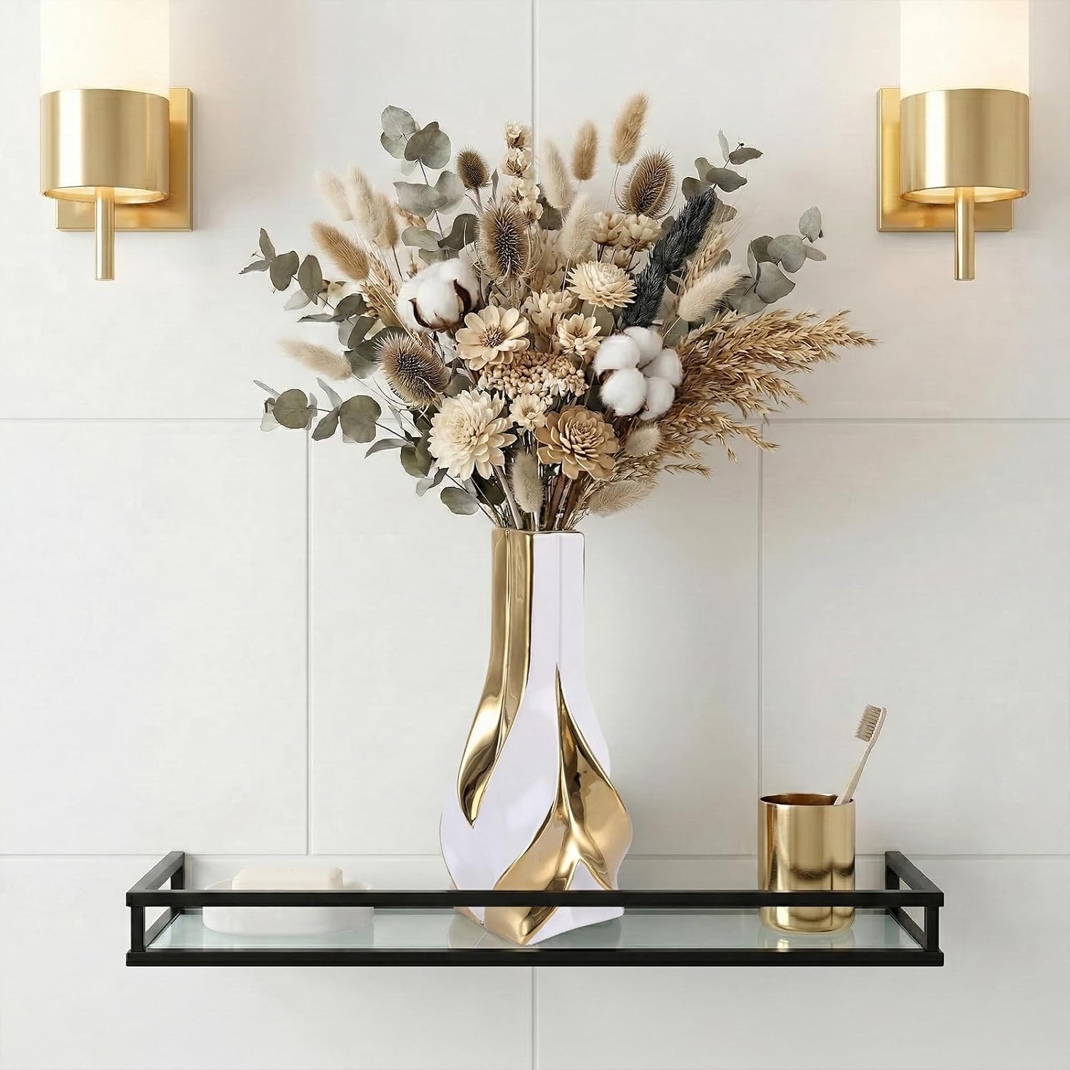 10.6" White and Gold Ceramic Vase / White Gold