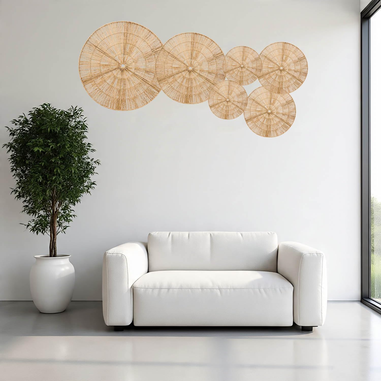 Boho Wicker Rattan Plate Basket Set For Décor Hanging Wall / Classic / Natural / Set of 6