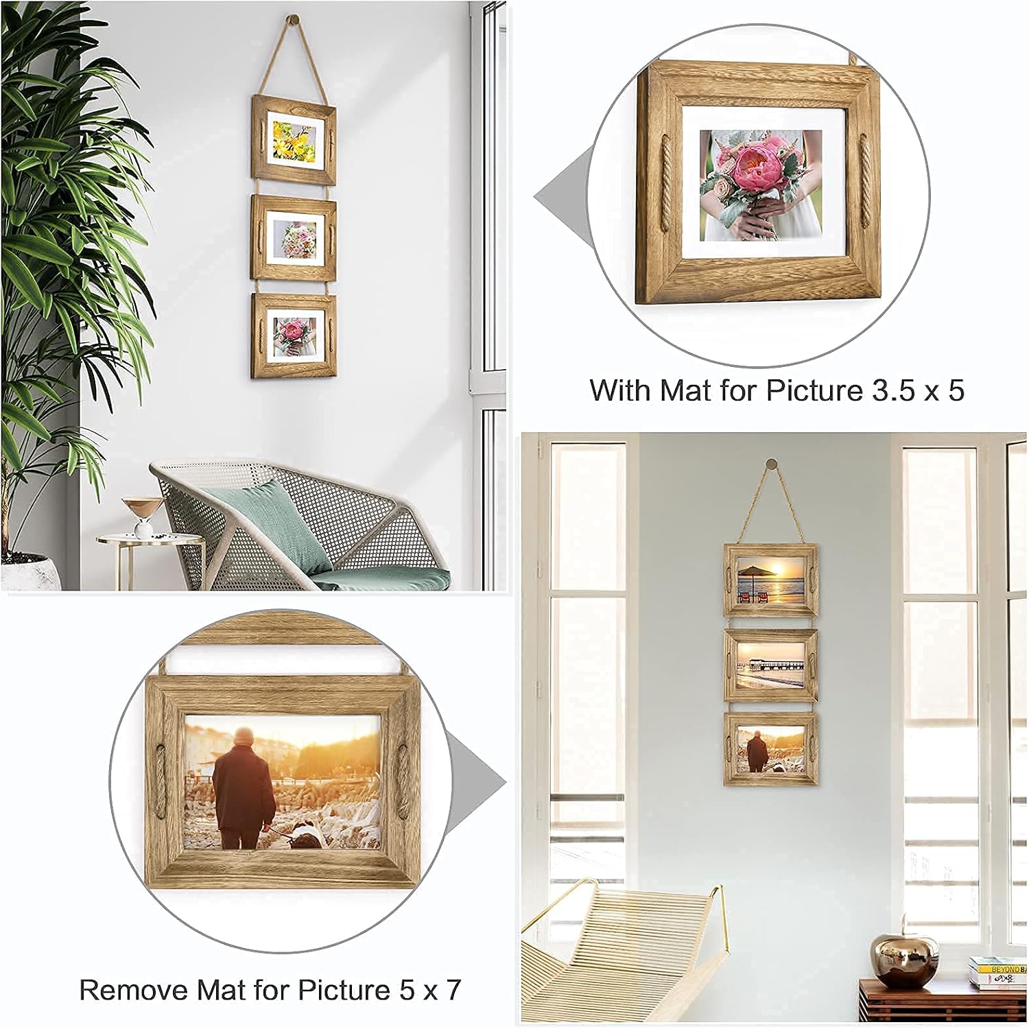 DLQuarts 5x7 Hanging Picture Frames Collage Wall Decor, 3-Opening Photo Frames 5x7 without Mat & 3.5x5 with Mat, Rustic