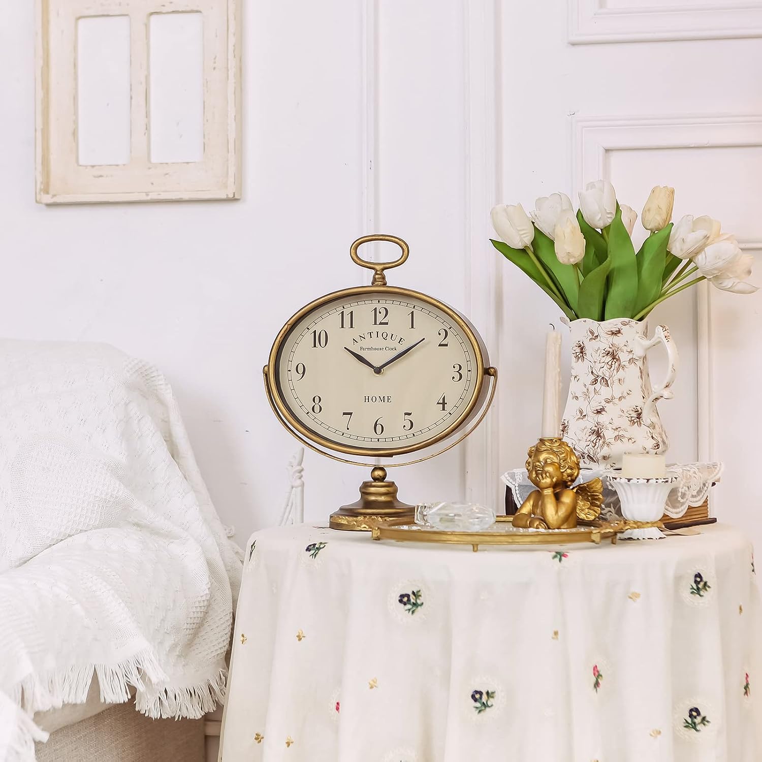 NIKKY HOME Mantel Clock, Gold Retro Tabletop Clocks Silent-Non-Ticking | 11-inch Large Desk Clock for Living Room