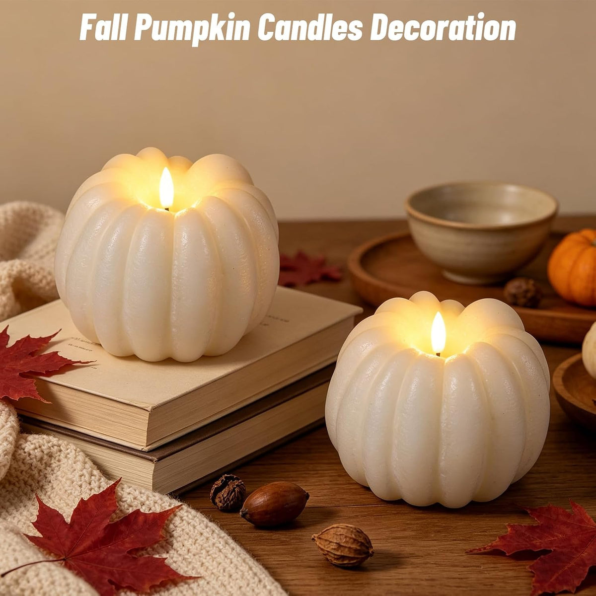 Wondise Fall Decorations Real Wax Pumpkin Candles with Remote Timer | White Battery Operated LED Candles Fall Decor for
