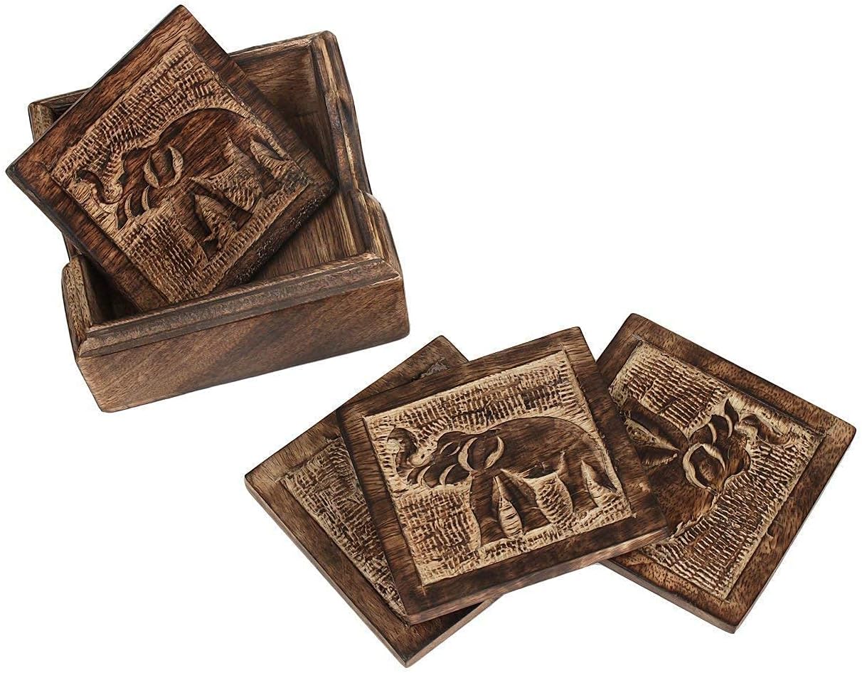 Antique Elephant Carved Wood / Set of 4