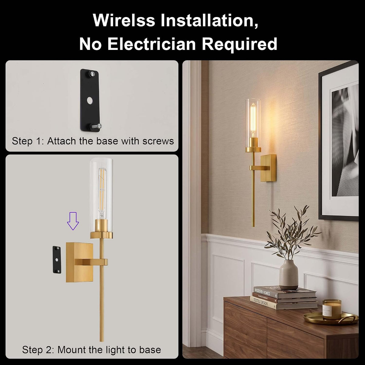 Wireless Wall Sconces with Remote Control, Brushed Gold Battery Operated Wall Sconce Set of 2, Dimmable Rechargeable