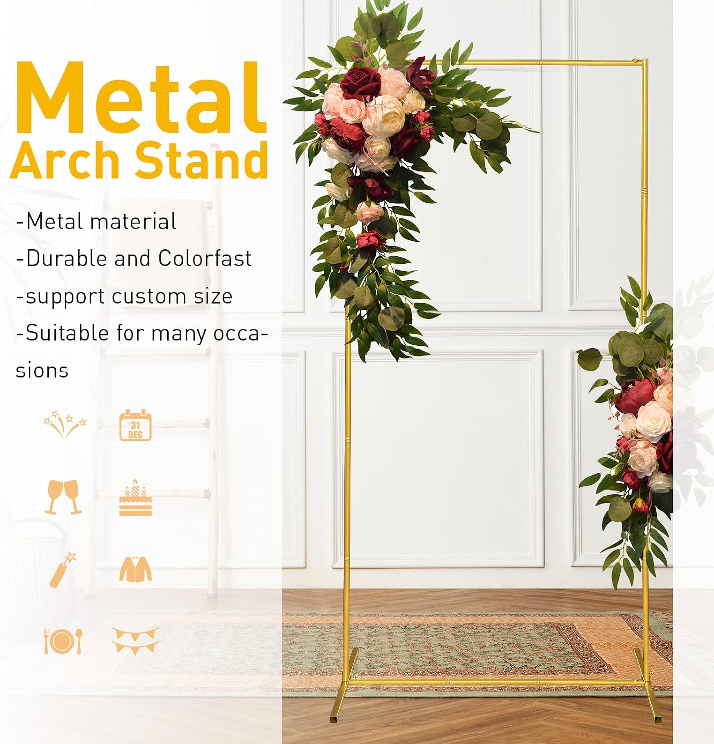 Metal Wedding Arch Backdrop Stand FT Square Balloon Arch Frame / 6.6FT X3ft / Gold / 6.6 x 3.3