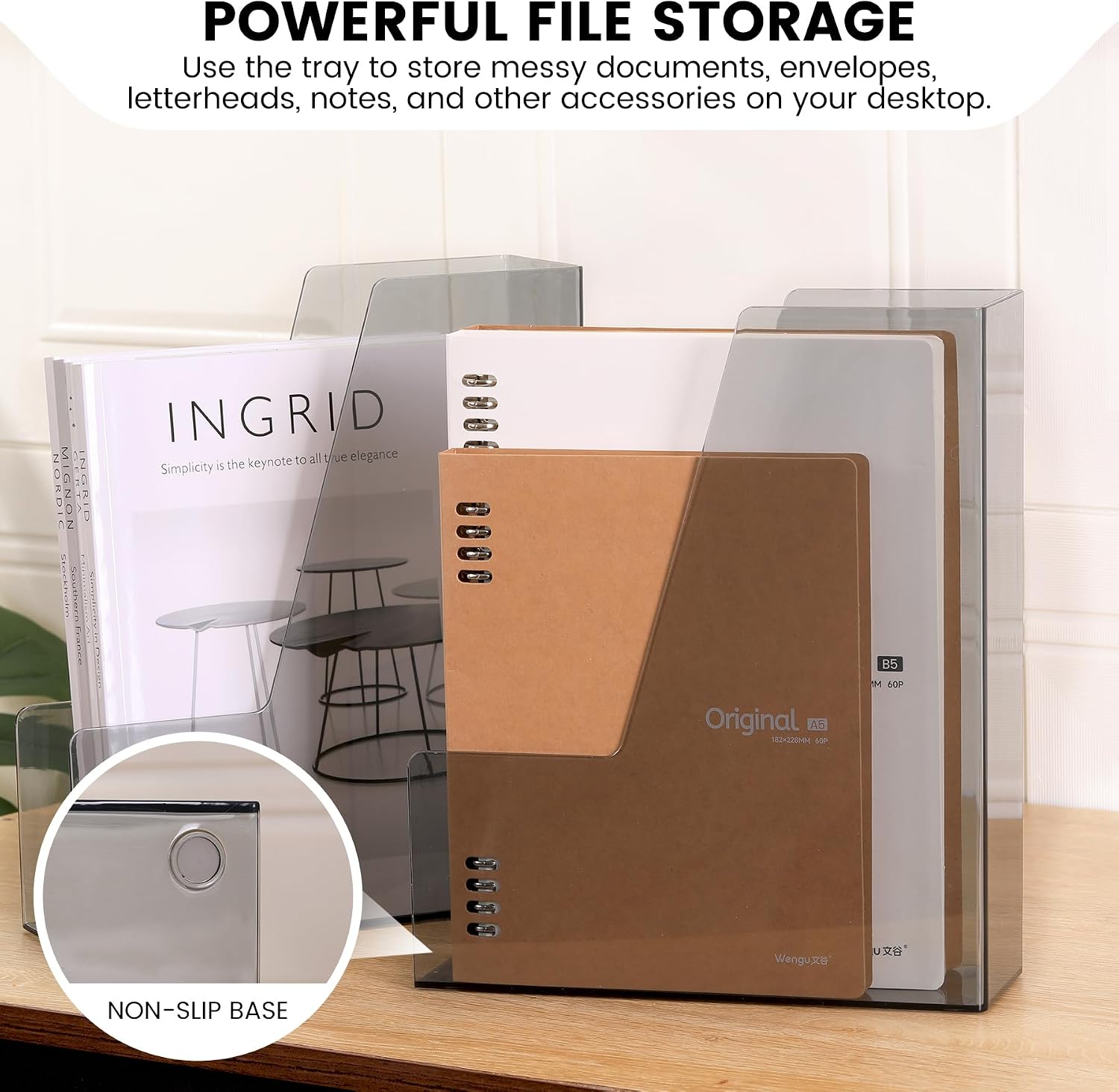 CiWiVOKi Vertical File Holder, PET Desk Organizer and Storage Bins Holding for Magazines, Binders, Notebooks