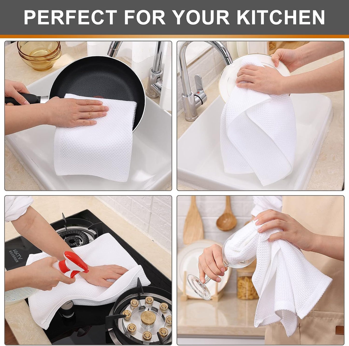 Kitinjoy 100% Cotton Waffle 8-Pack Kitchen Towels, 13" x 28", White | Super Soft, Ultra-Absorbent, Fast Drying