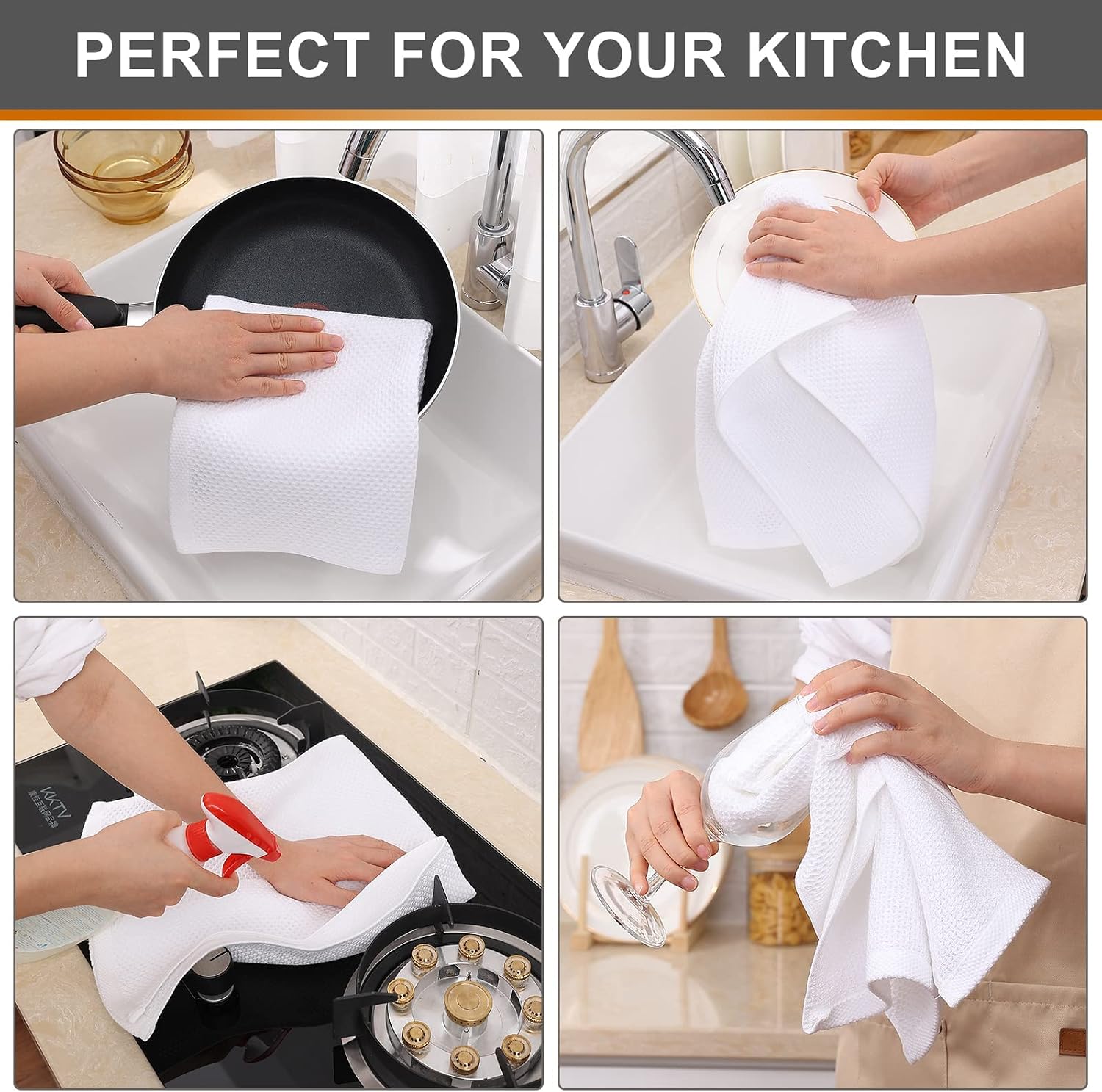 Kitinjoy 100% Cotton Waffle 8-Pack Kitchen Towels, 13" x 28", White | Super Soft, Ultra-Absorbent, Fast Drying