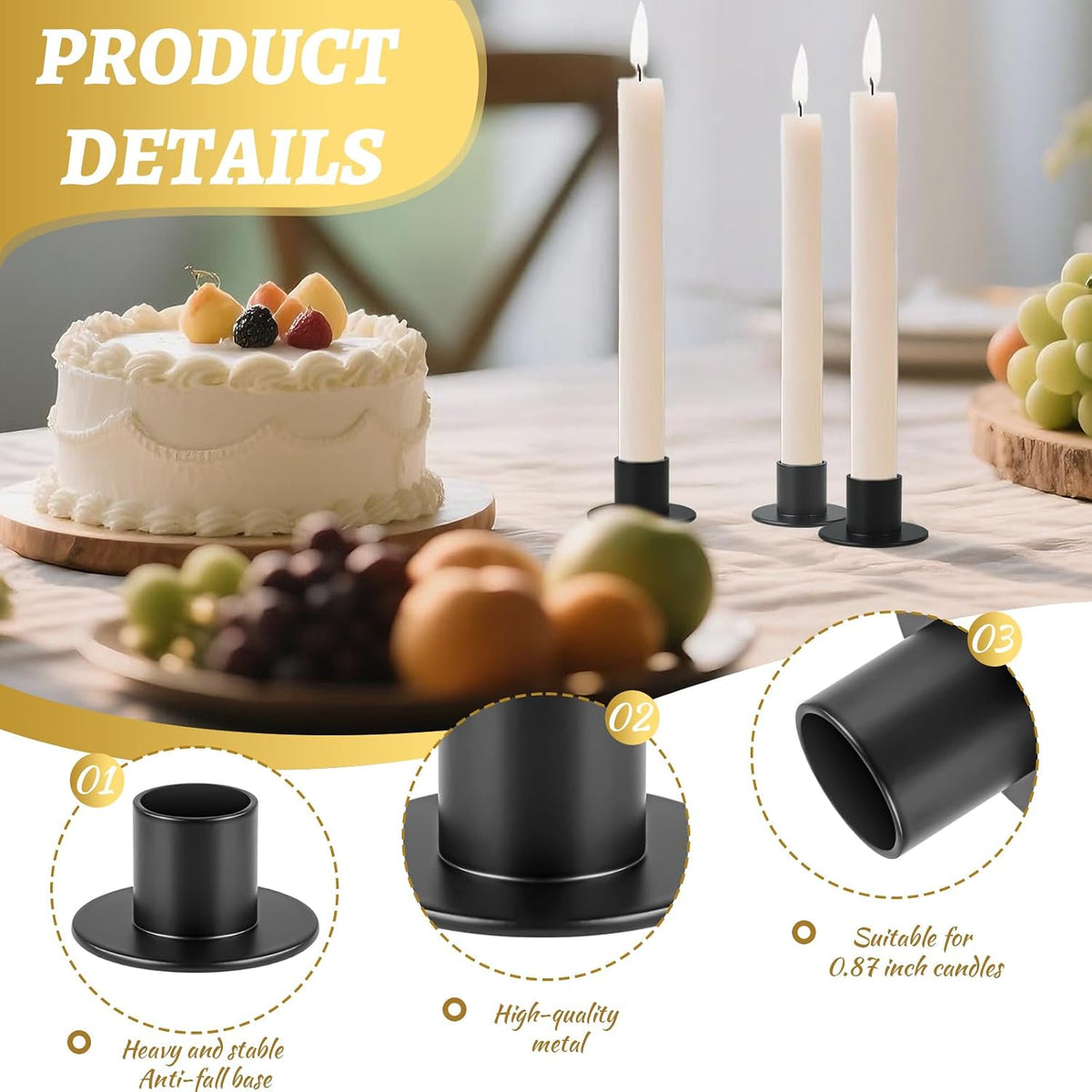 48Pcs Black Metal Taper Candle Holders Set - 2"×1" Elegant Bulk Heavy Base Candlestick Centerpieces for Table Decor