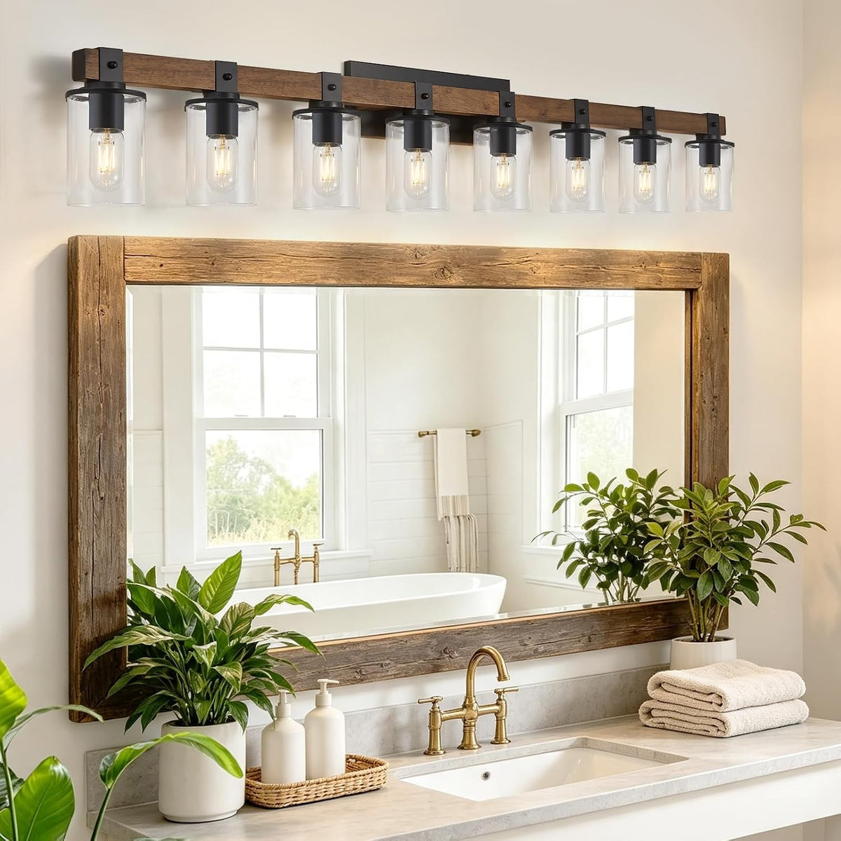 8-Light Farmhouse Vanity Light Fixture, Bathroom Wood Wall Light Over Mirror with Clear Glass Shade, Rustic Vintage