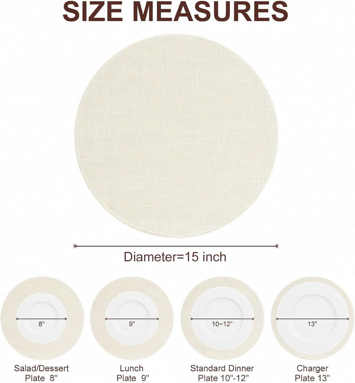 Cotton Linen 15 Inch Round Cloth Place mats, Set of 6, Cream | Washable Table Mats, Heat Resistant, Reversible